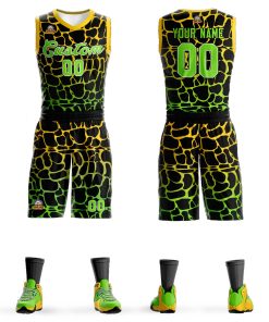 Custom Black Gold-Neon Green Spotted Graffiti Pattern Sports Uniform Basketball Jersey