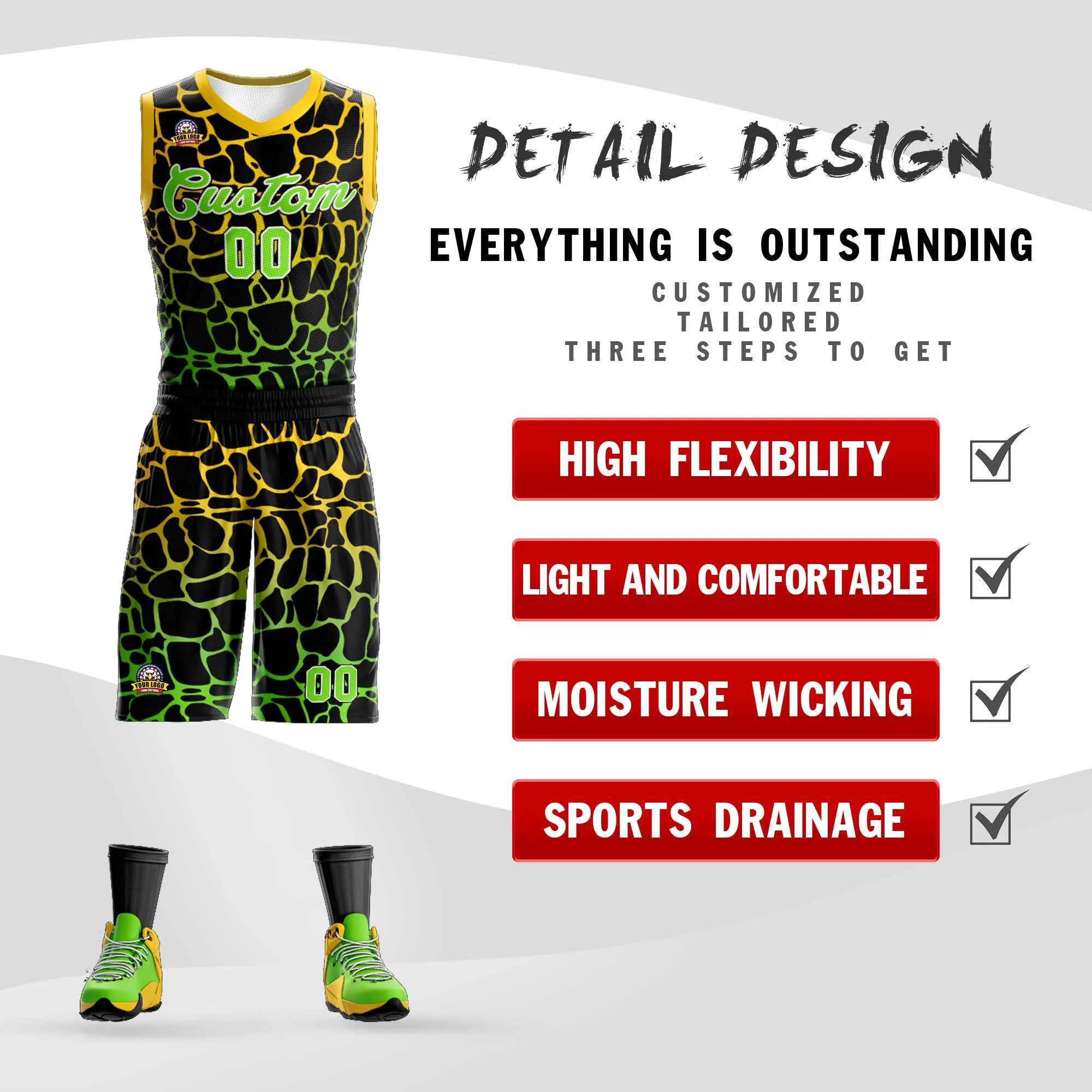 Custom Black Gold-Neon Green Spotted Graffiti Pattern Sports Uniform Basketball Jersey - Image 2