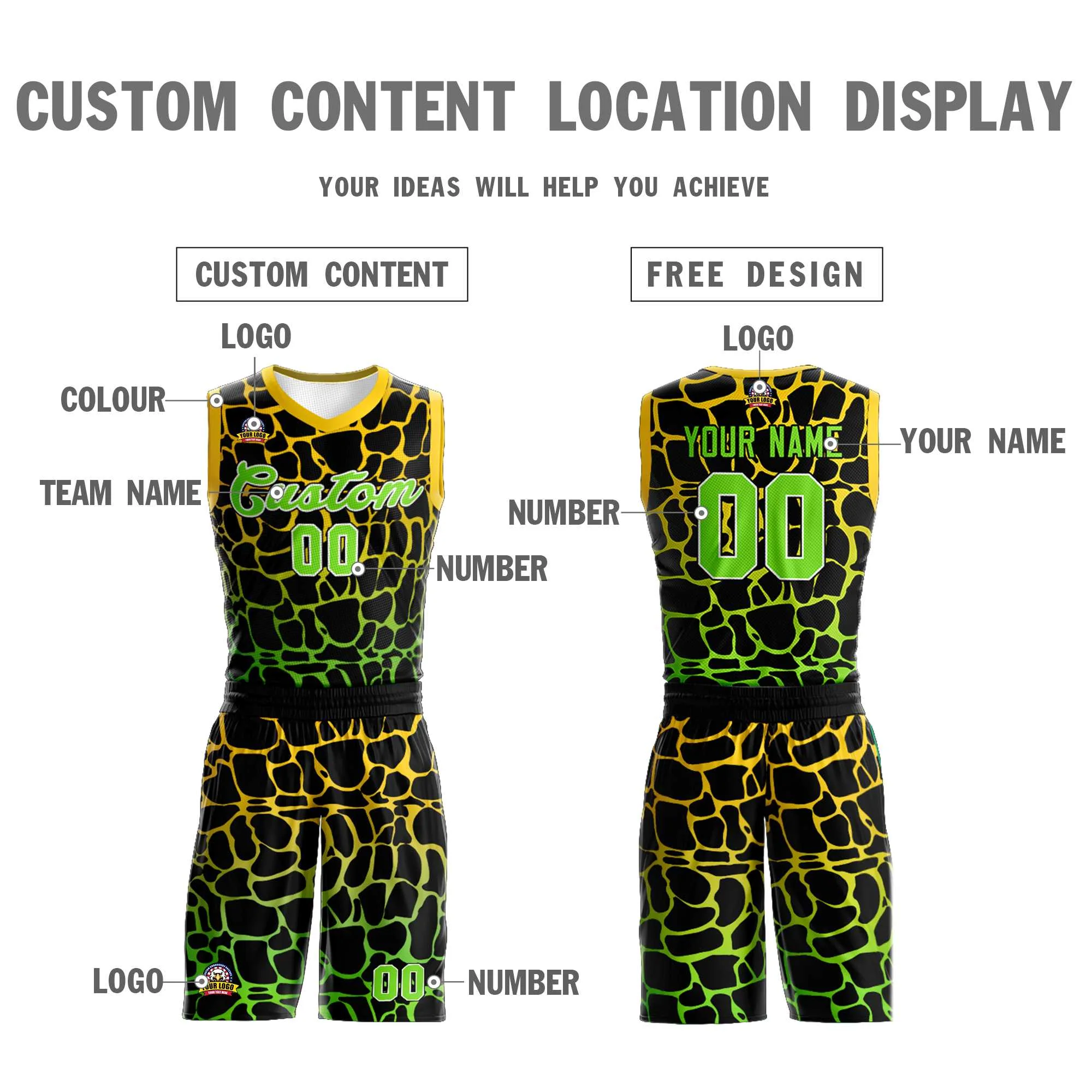 Custom Black Gold-Neon Green Spotted Graffiti Pattern Sports Uniform Basketball Jersey - Image 3