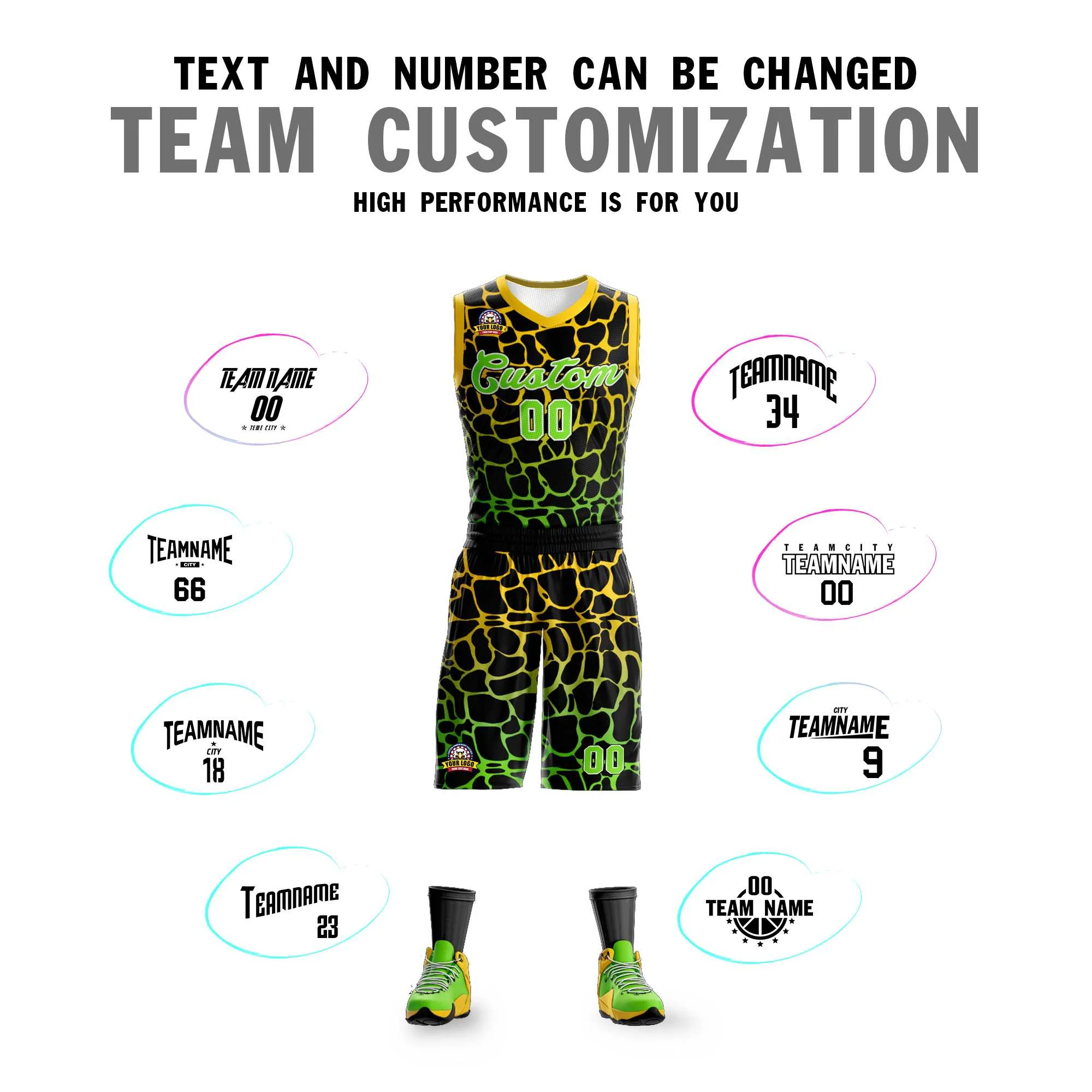 Custom Black Gold-Neon Green Spotted Graffiti Pattern Sports Uniform Basketball Jersey - Image 4