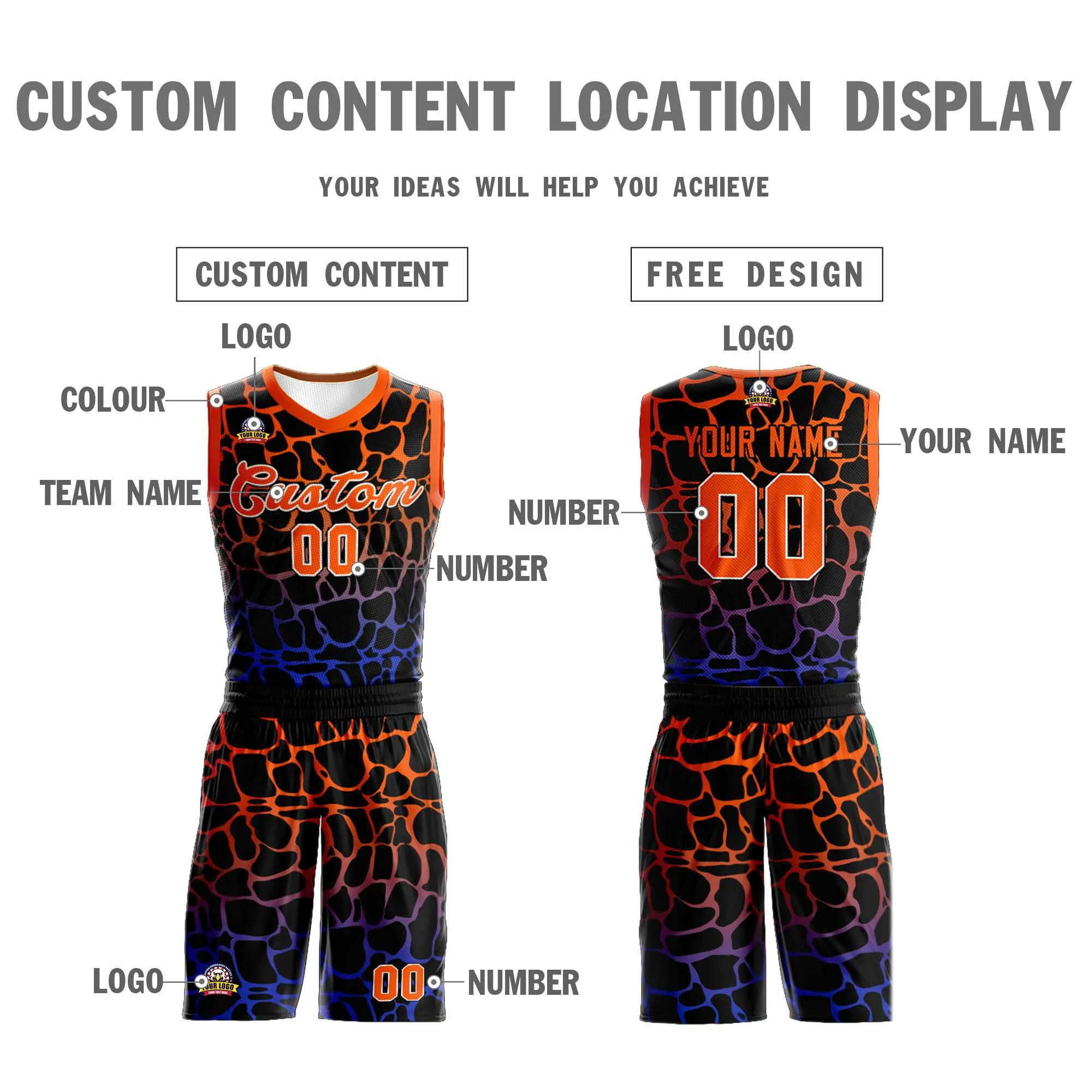 Custom Black Orange-Blue Spotted Graffiti Pattern Sports Uniform Basketball Jersey - Image 3