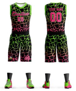 Custom Black Green-Pink Spotted Graffiti Pattern Sports Uniform Basketball Jersey