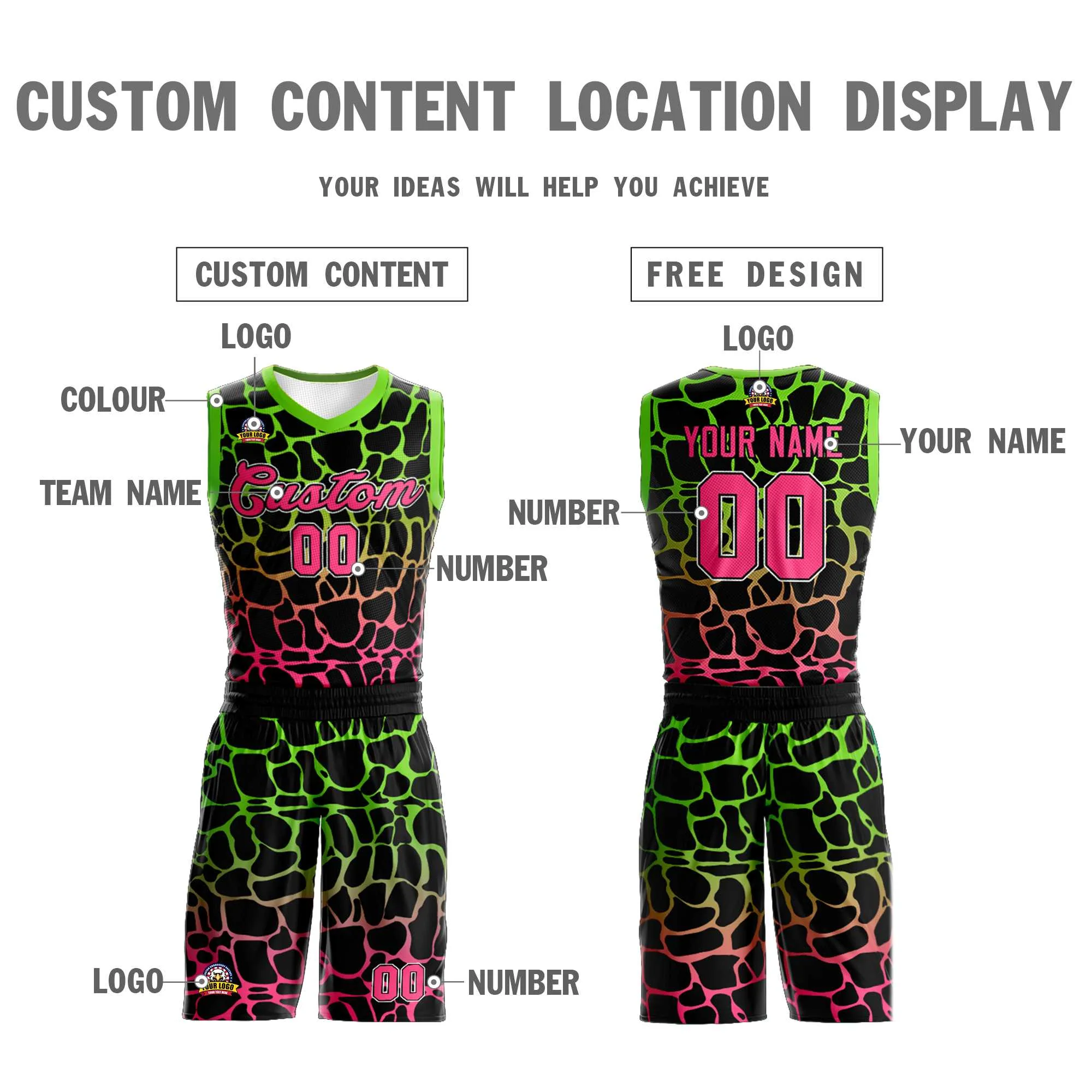 Custom Black Green-Pink Spotted Graffiti Pattern Sports Uniform Basketball Jersey - Image 3