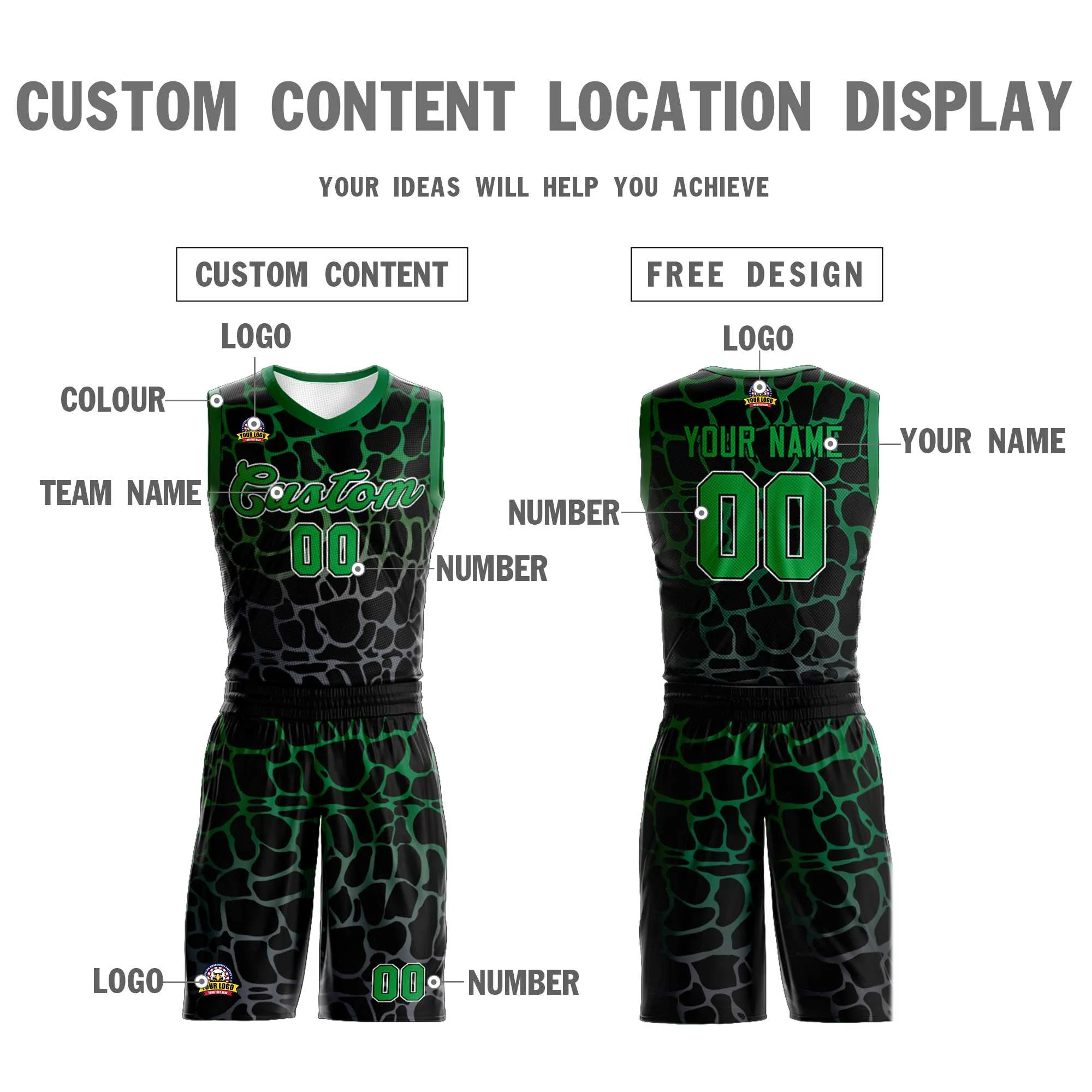Custom Black Kelly Green-Gray Spotted Graffiti Pattern Sports Uniform Basketball Jersey - Image 3