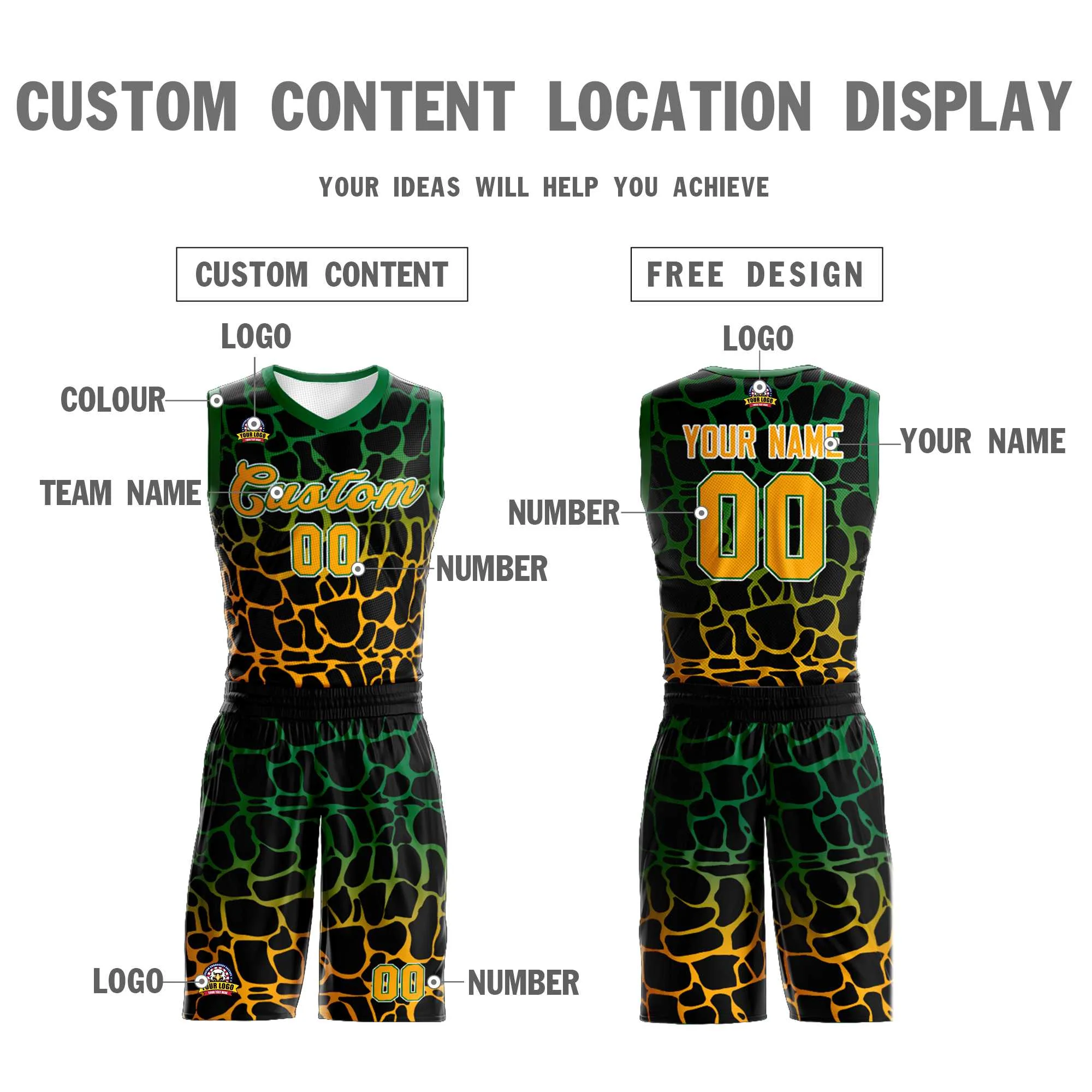 Custom Black Kelly Green-Yellow Spotted Graffiti Pattern Sports Uniform Basketball Jersey - Image 3