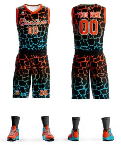 Custom Black Orange-Blue Spotted Graffiti Pattern Sports Uniform Basketball Jersey