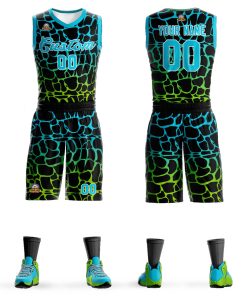 Custom Black Sky Blue-Neon Green Spotted Graffiti Pattern Sports Uniform Basketball Jersey