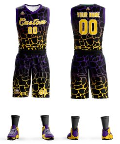 Custom Black Purple-Yellow Spotted Graffiti Pattern Sports Uniform Basketball Jersey