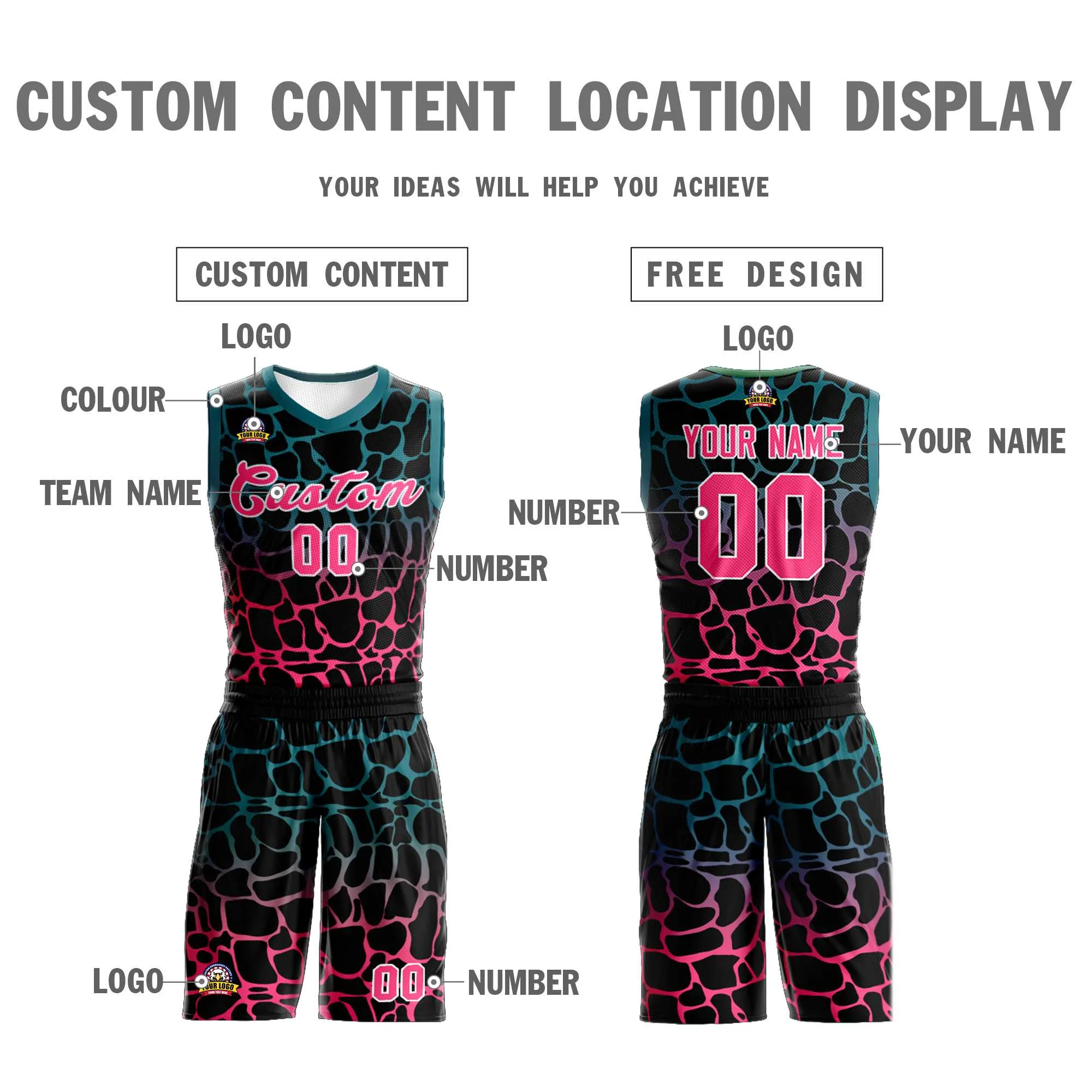 Custom Black Midnight Green-Pink Spotted Graffiti Pattern Sports Uniform Basketball Jersey - Image 3