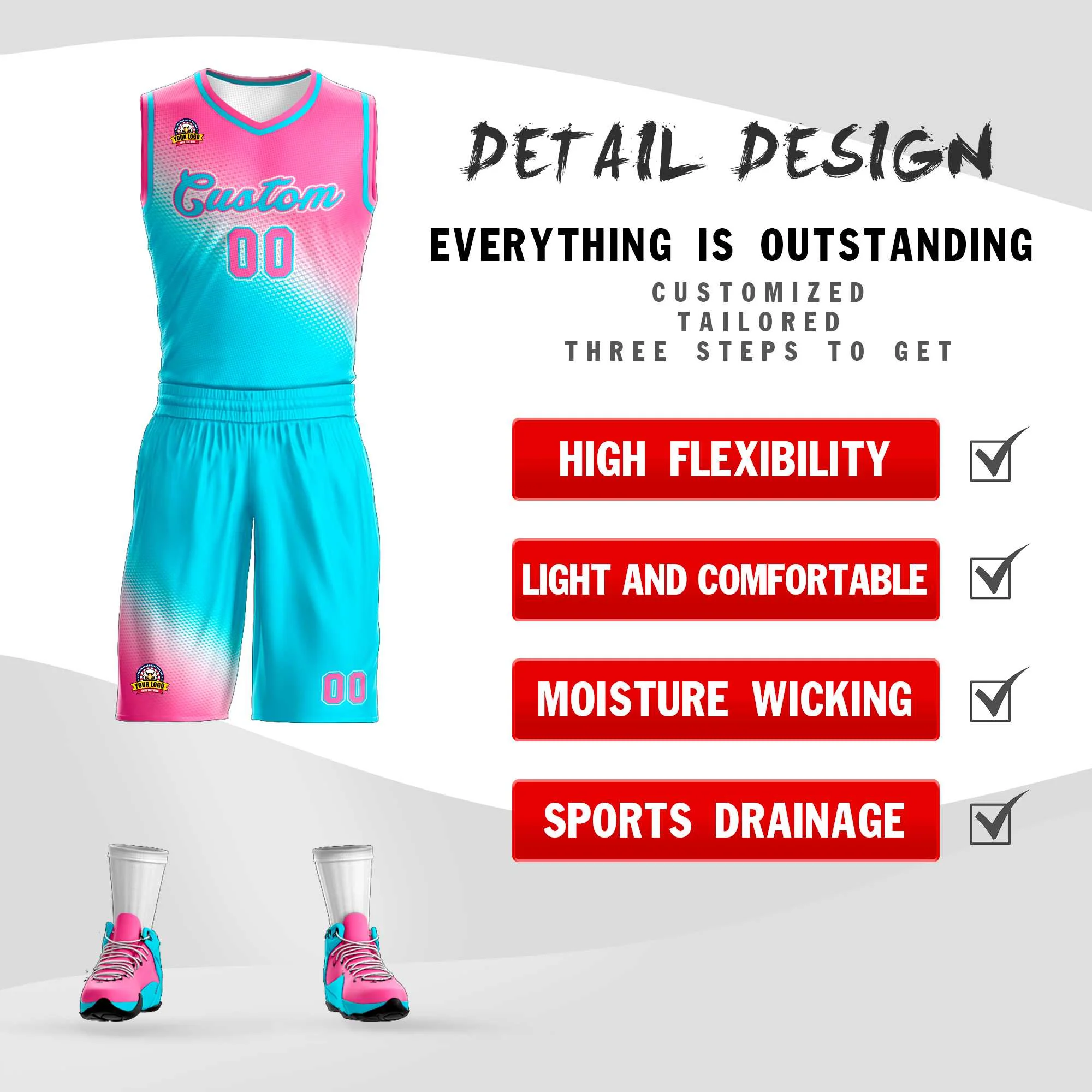 Custom Pink Sky Blue Gradient Fashion Sports Uniform Basketball Jersey - Image 2