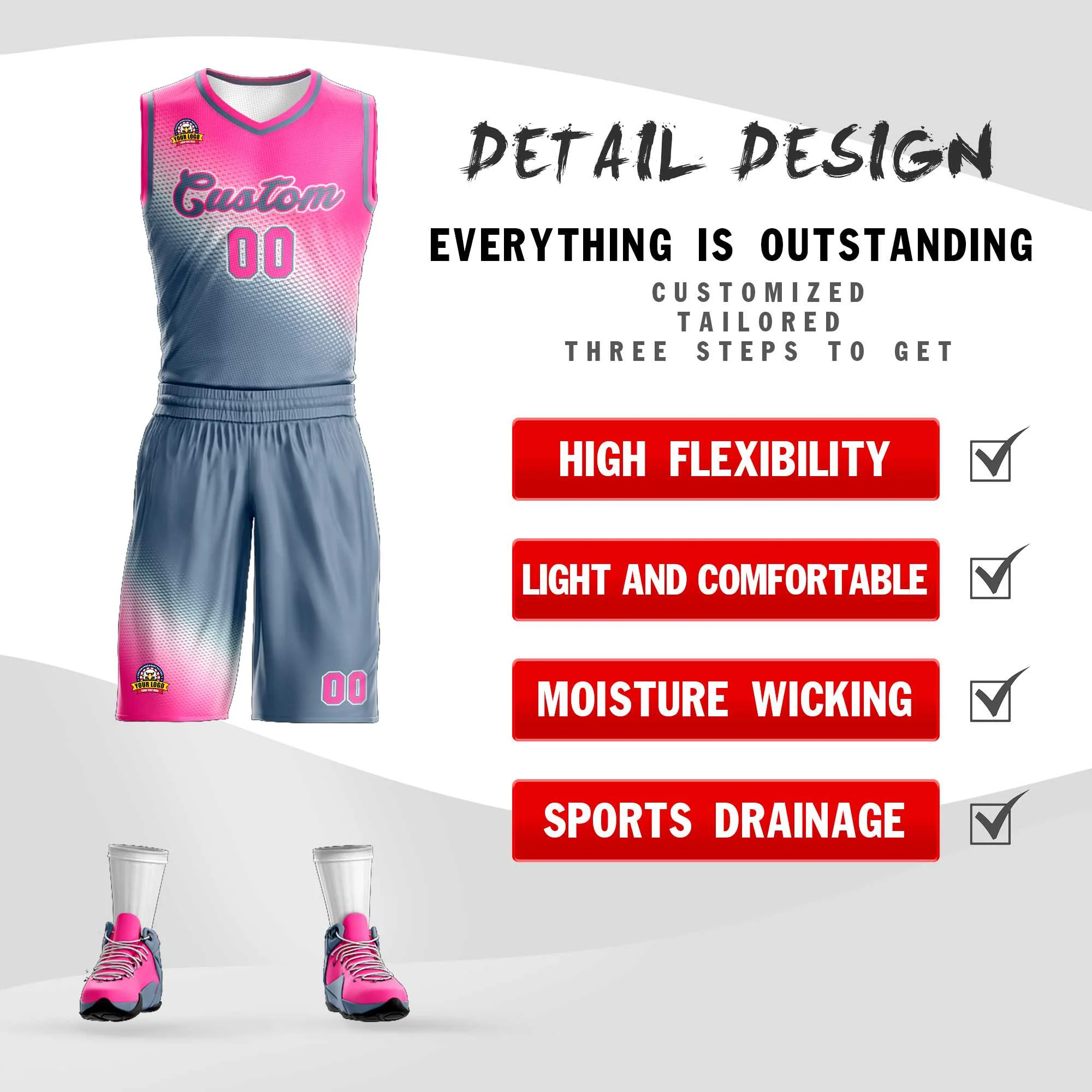 Custom Pink Dark Gray Gradient Fashion Sports Uniform Basketball Jersey - Image 2