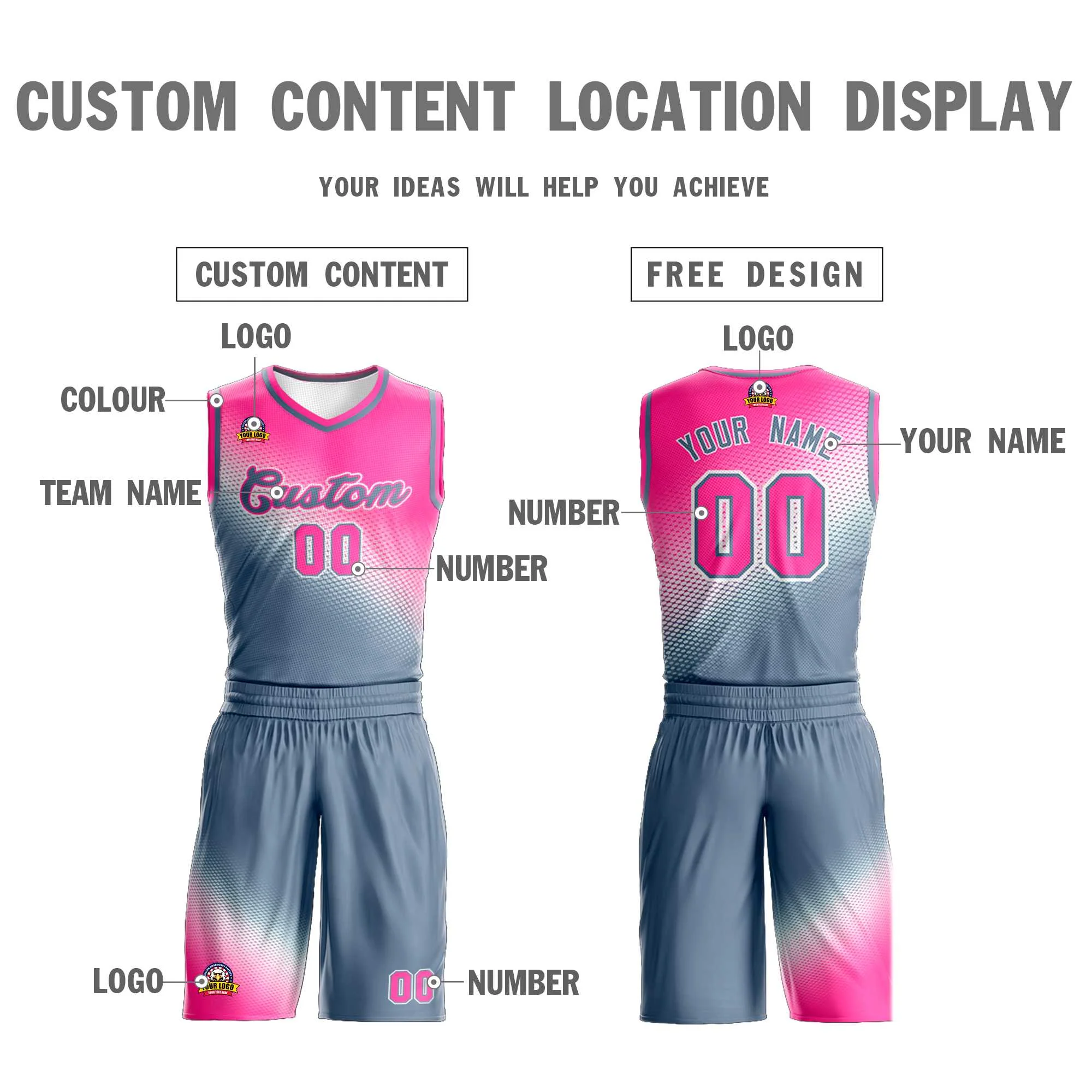 Custom Pink Dark Gray Gradient Fashion Sports Uniform Basketball Jersey - Image 3