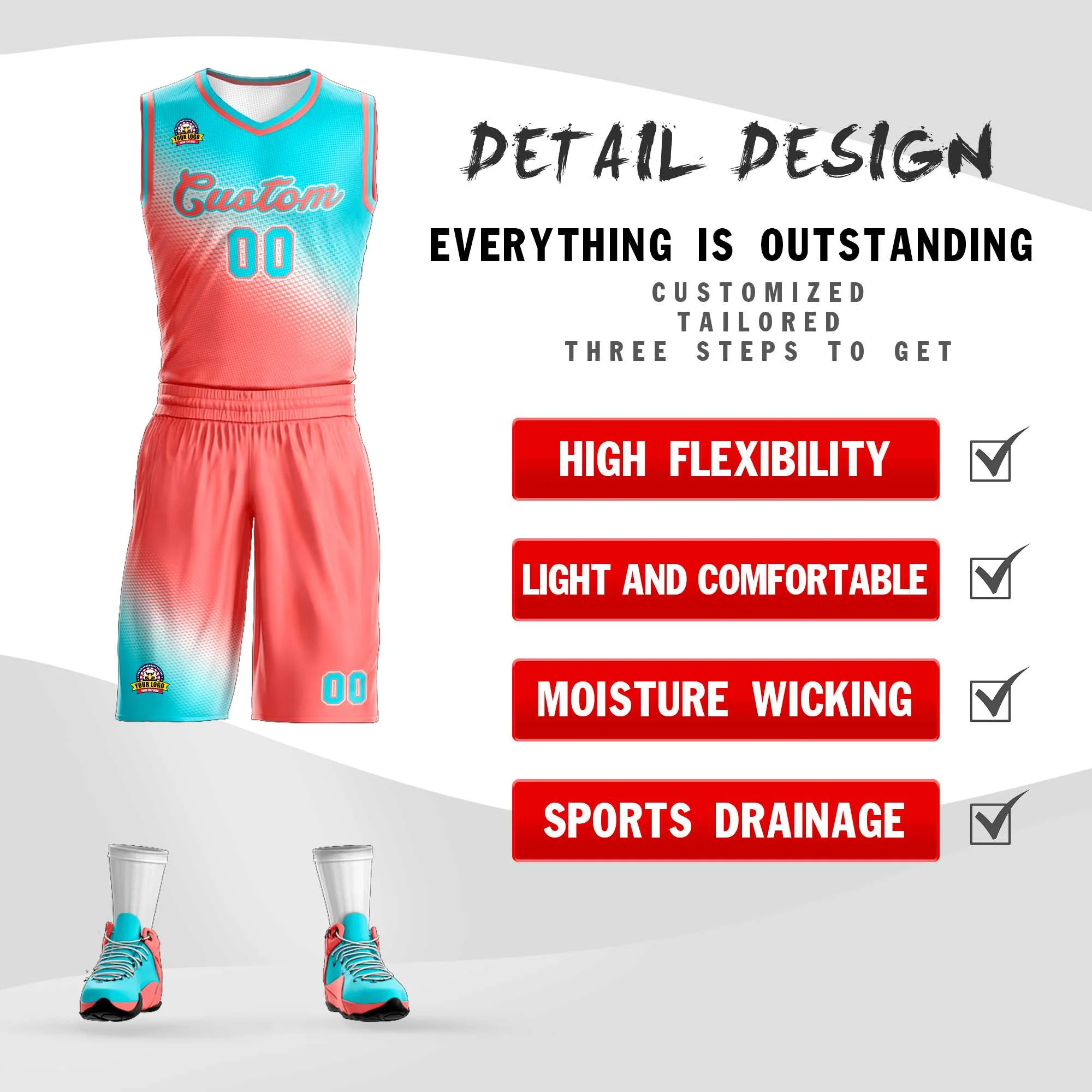 Custom Sky Blue Light Red Gradient Fashion Sports Uniform Basketball Jersey - Image 2