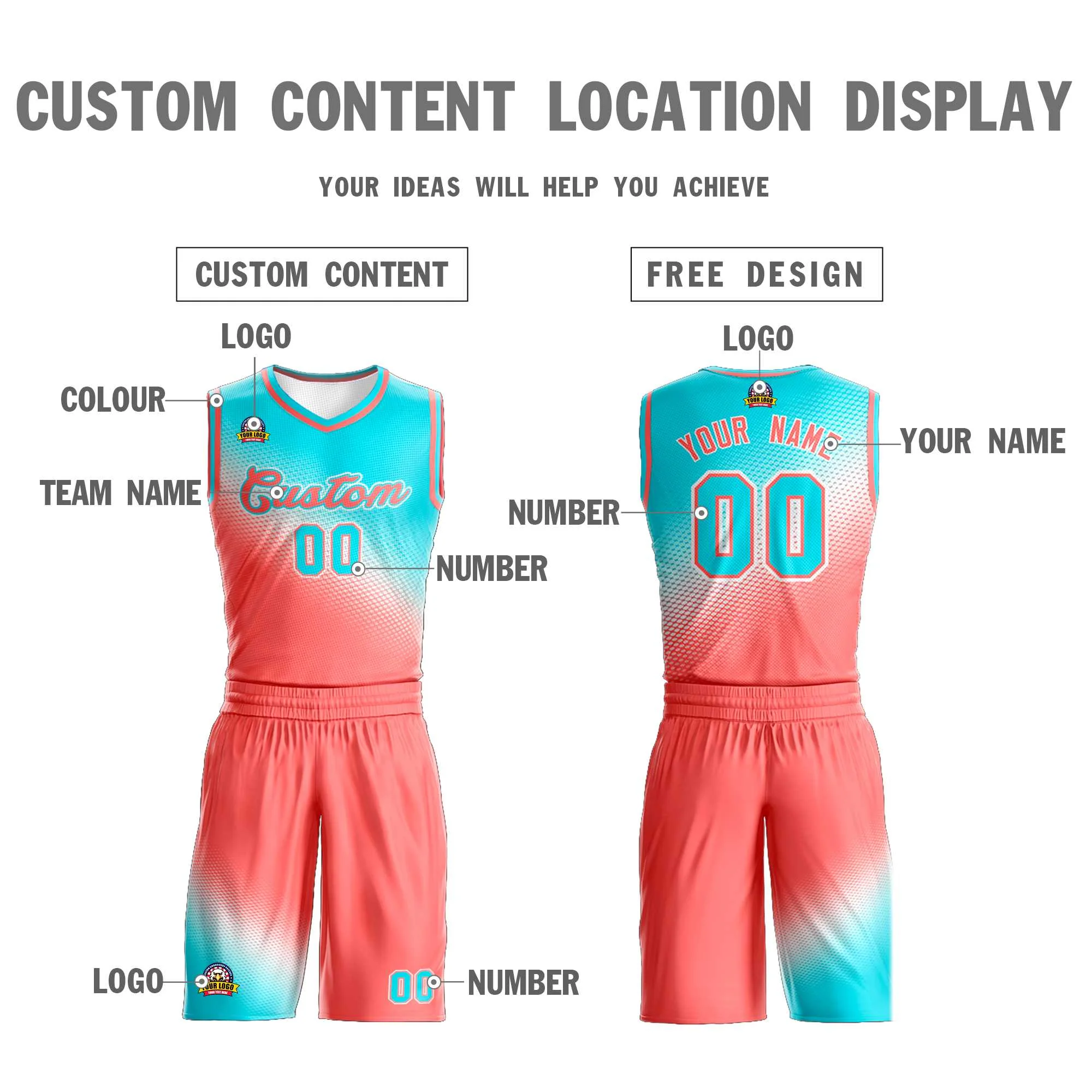 Custom Sky Blue Light Red Gradient Fashion Sports Uniform Basketball Jersey - Image 3