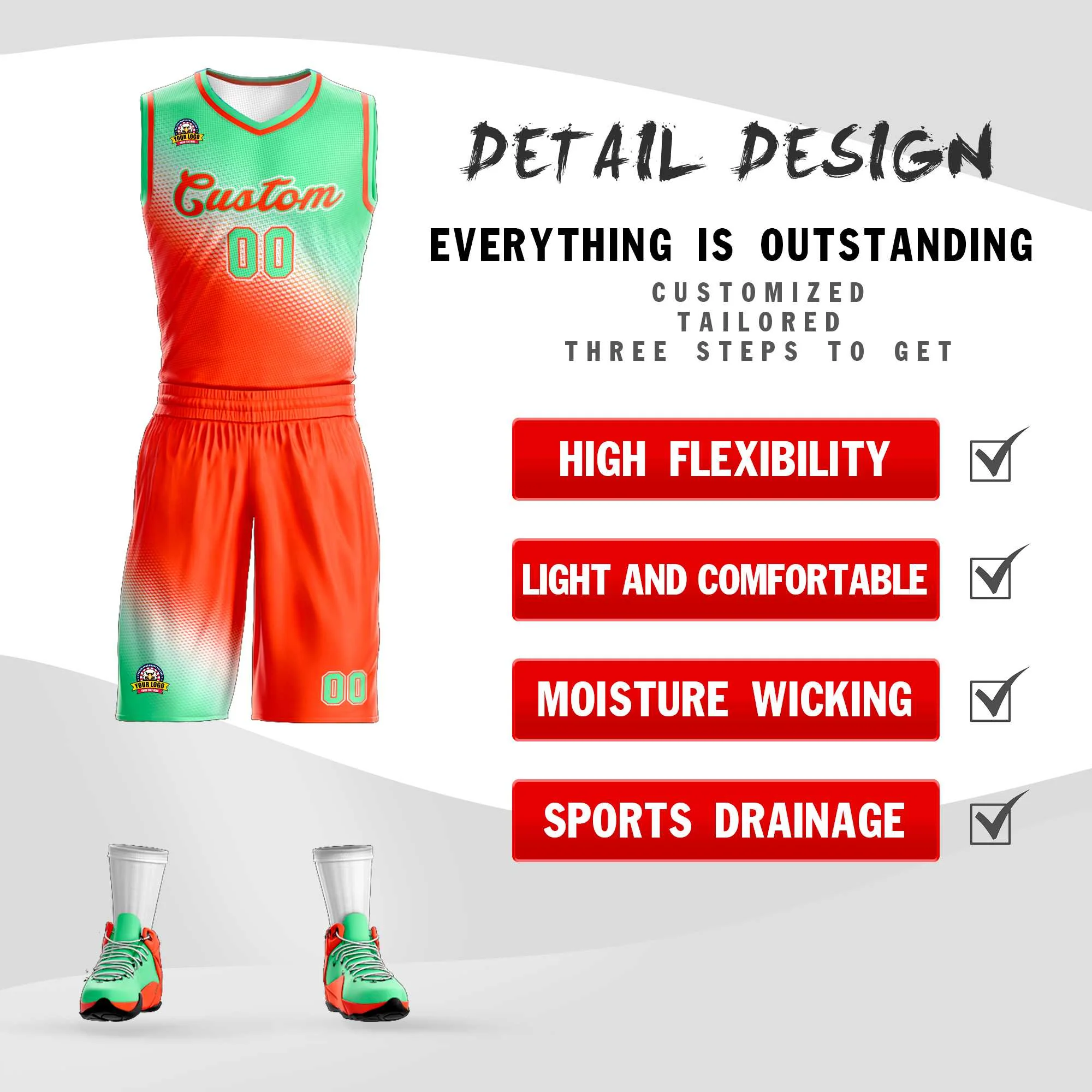 Custom Light Green Orange Gradient Fashion Sports Uniform Basketball Jersey - Image 2