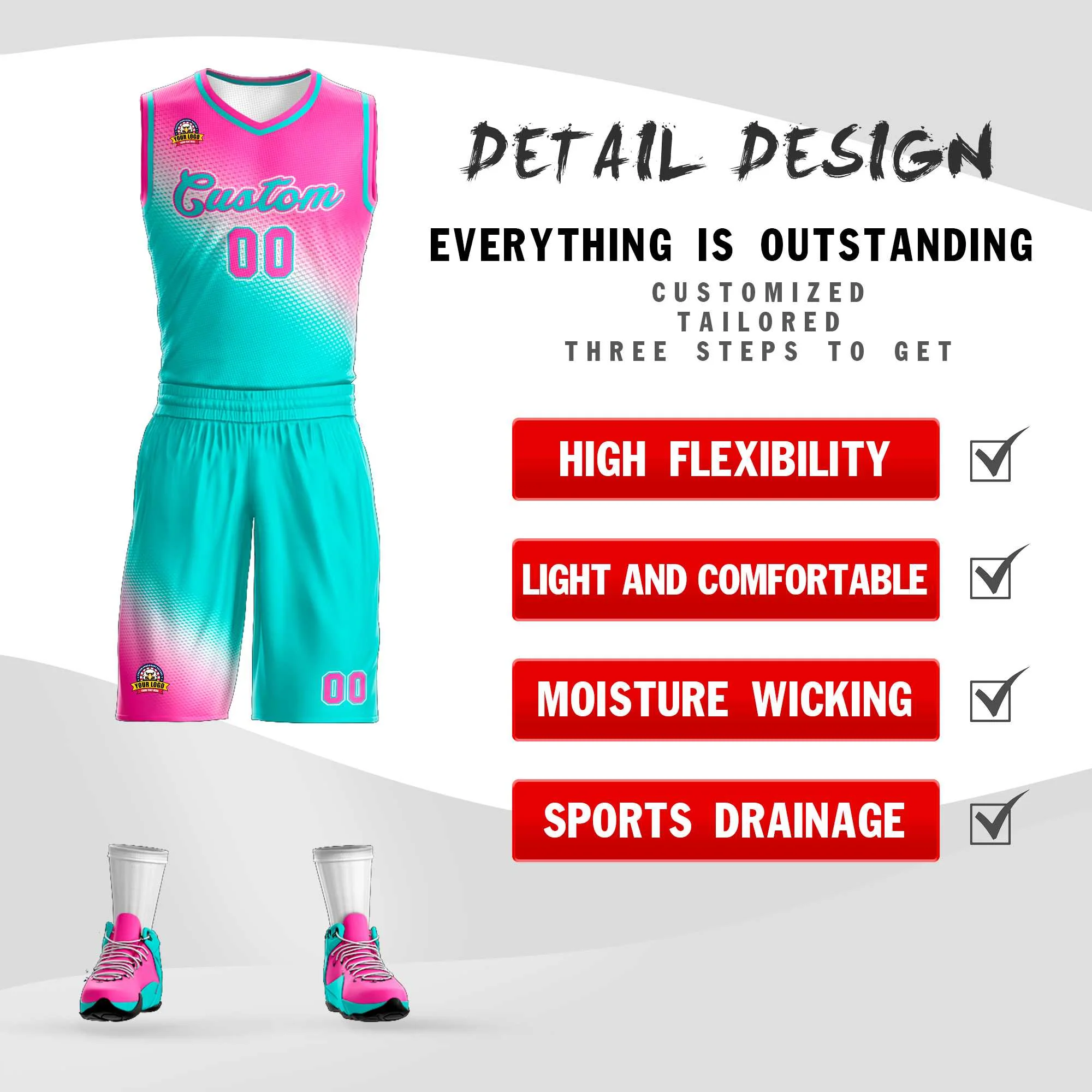 Custom Rose Red Aqua Gradient Fashion Sports Uniform Basketball Jersey - Image 2