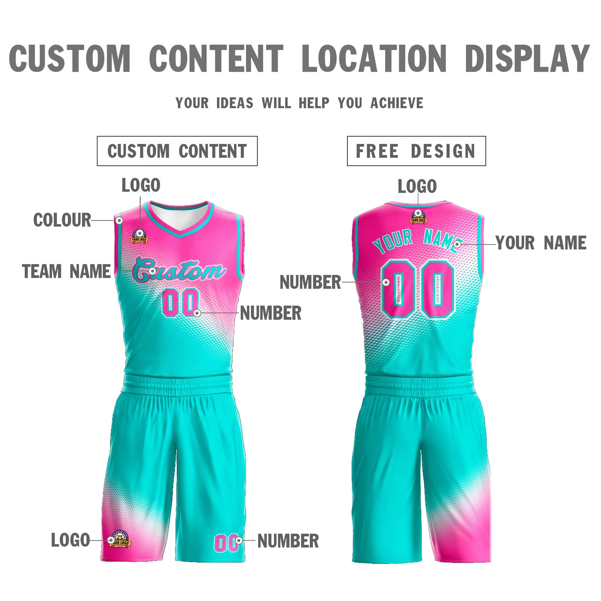 Custom Rose Red Aqua Gradient Fashion Sports Uniform Basketball Jersey - Image 3