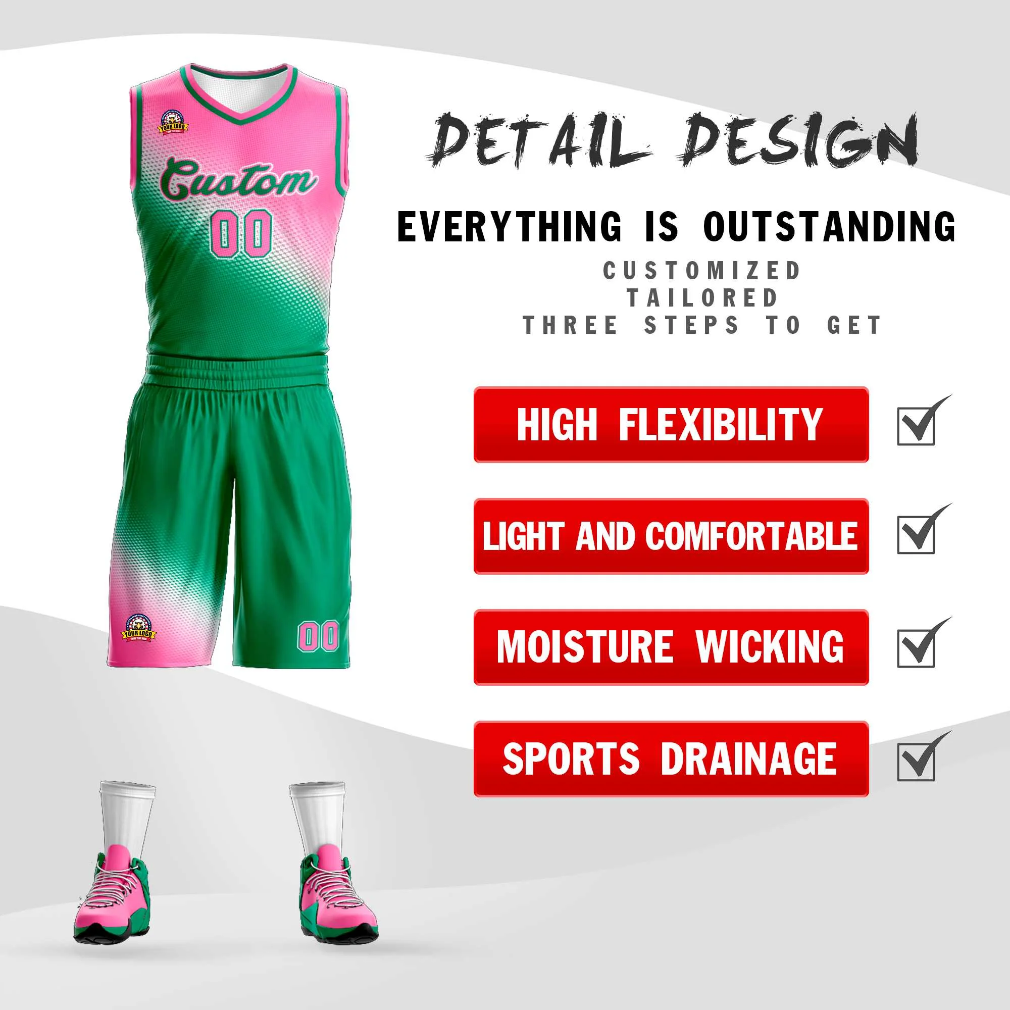 Custom Pink Kelly Green Gradient Fashion Sports Uniform Basketball Jersey - Image 2