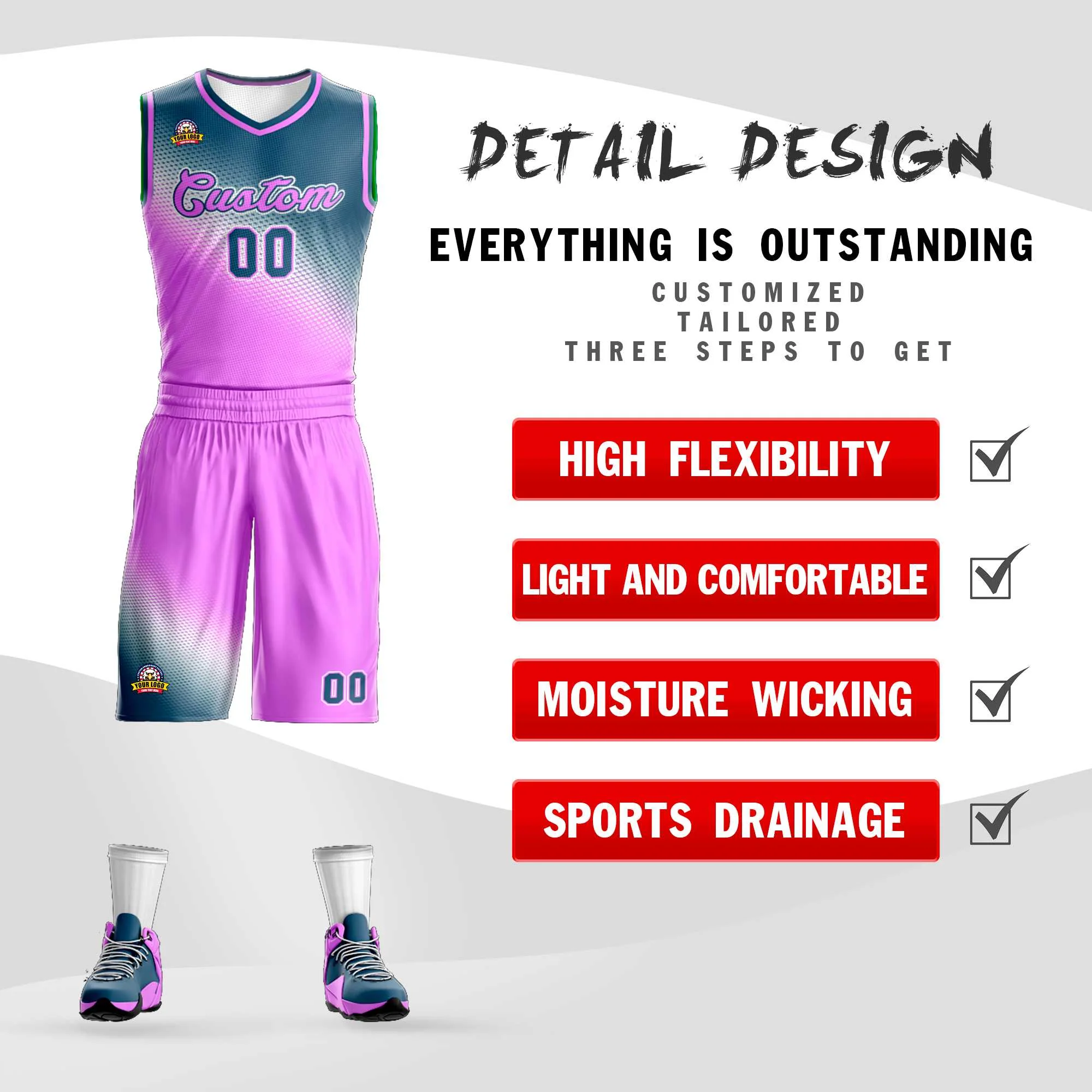 Custom Gray Pink Gradient Fashion Sports Uniform Basketball Jersey - Image 2