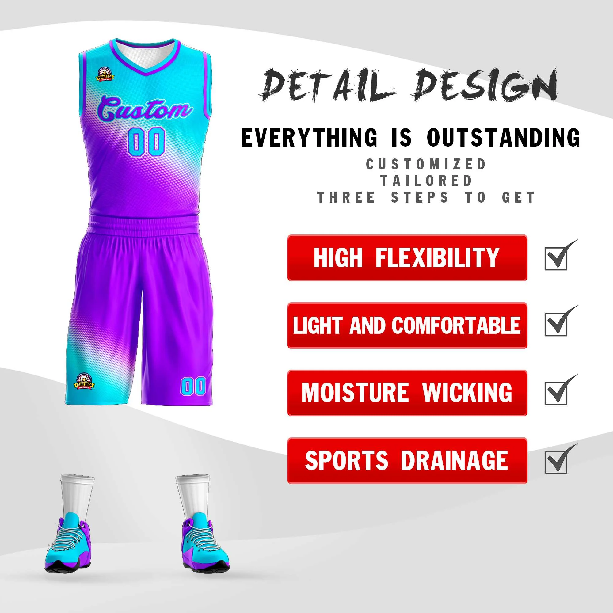 Custom Sky Blue Purple Gradient Fashion Sports Uniform Basketball Jersey - Image 2