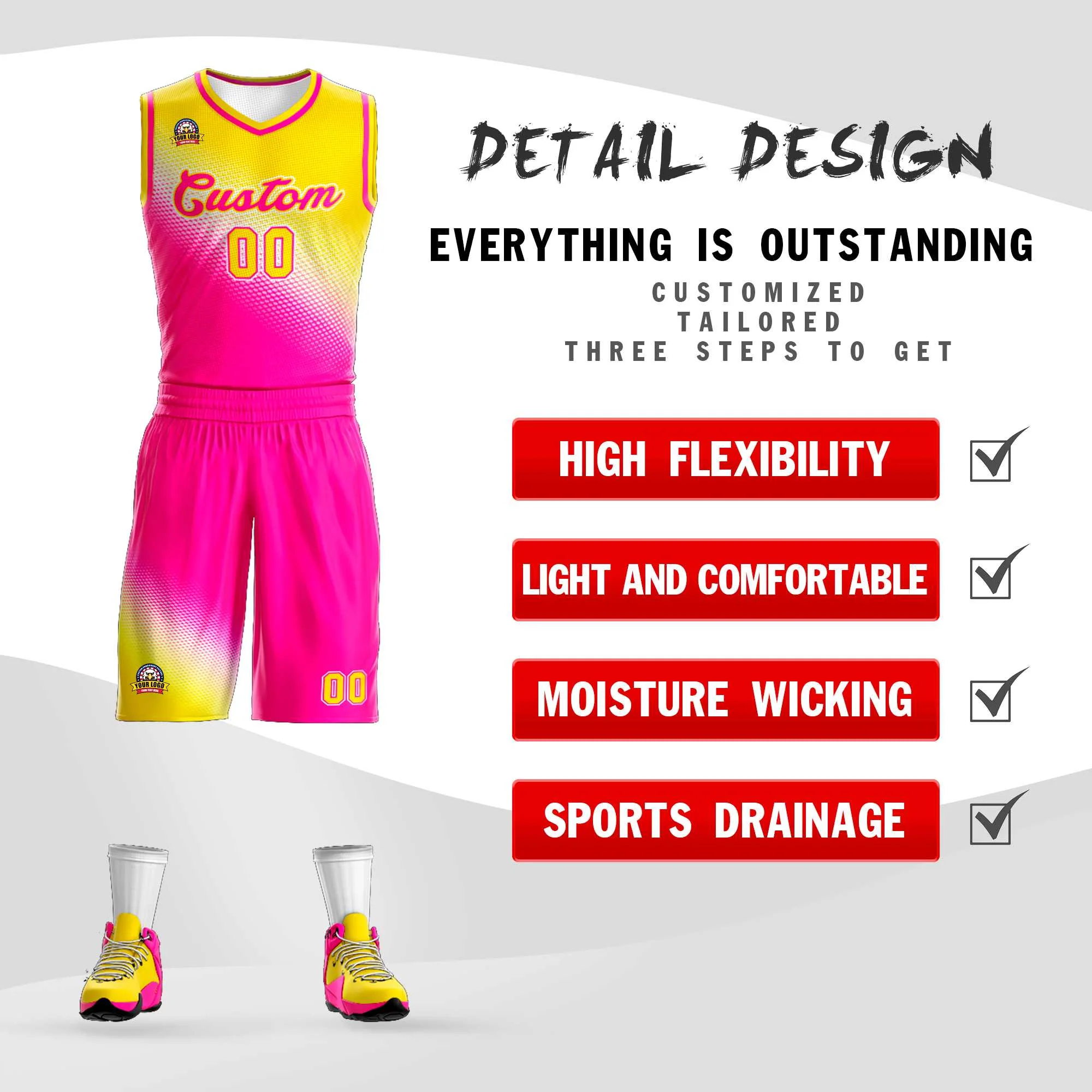 Custom Gold Rose Red Gradient Fashion Sports Uniform Basketball Jersey - Image 2