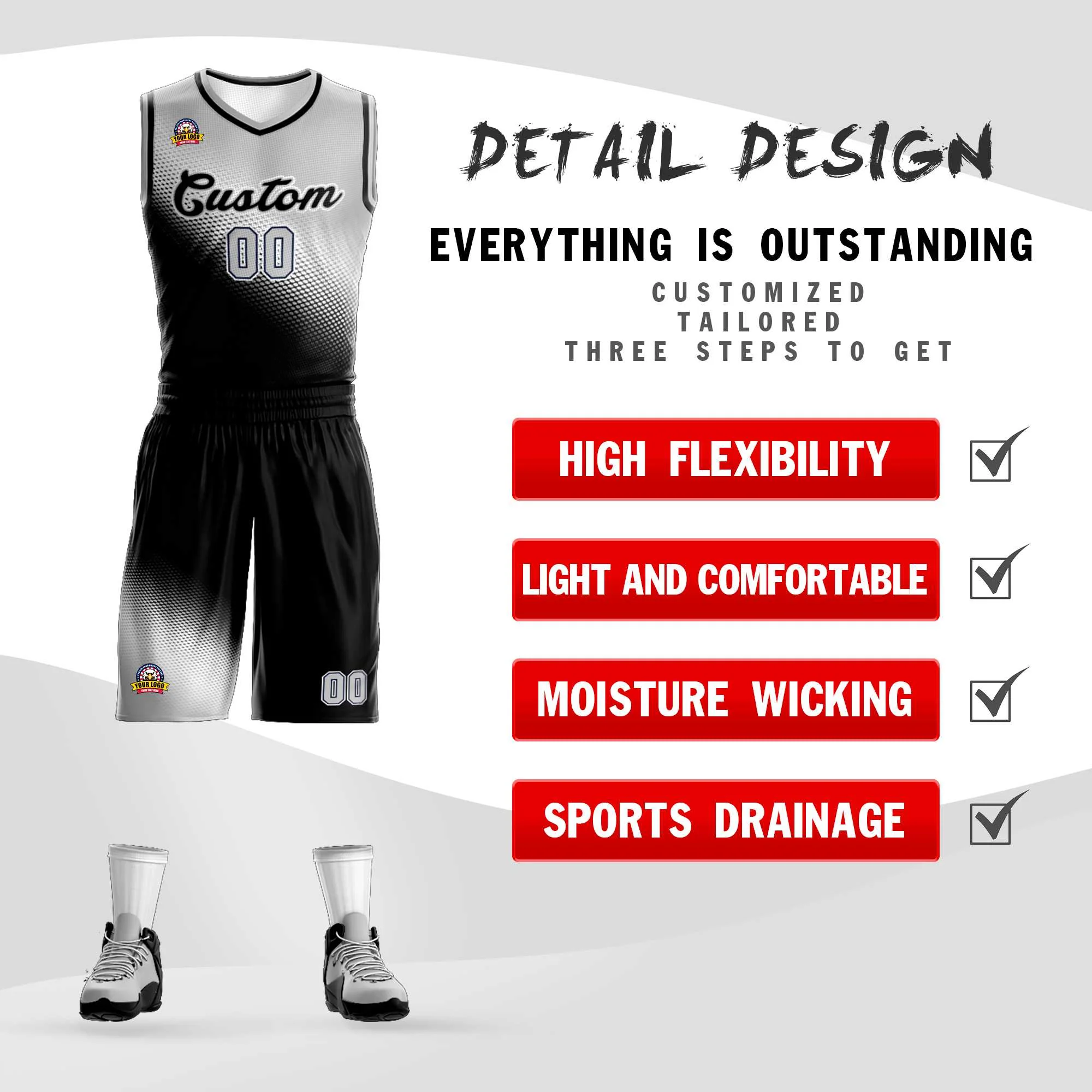 Custom Light Gray Black Gradient Fashion Sports Uniform Basketball Jersey - Image 2
