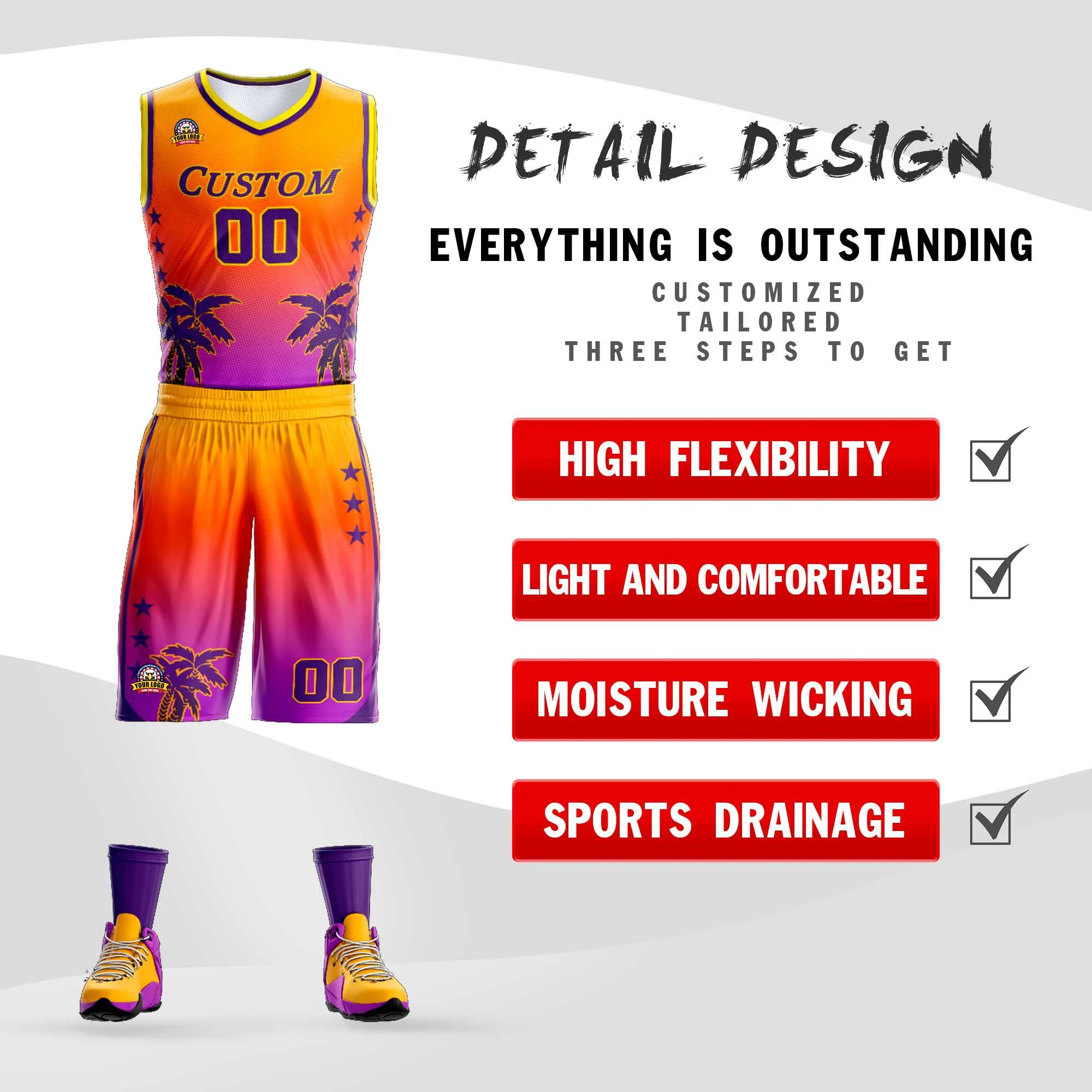 Custom Yellow Orange-Purple Gradient Fashion Coconut Palm Pattern Sports Uniform Basketball Jersey - Image 2
