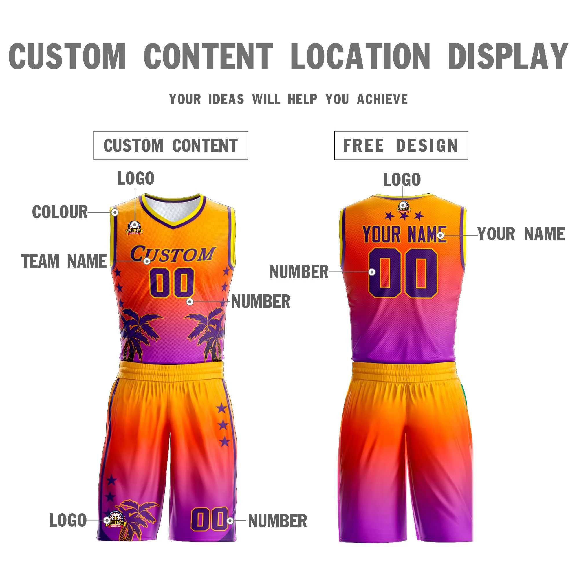 Custom Yellow Orange-Purple Gradient Fashion Coconut Palm Pattern Sports Uniform Basketball Jersey - Image 3
