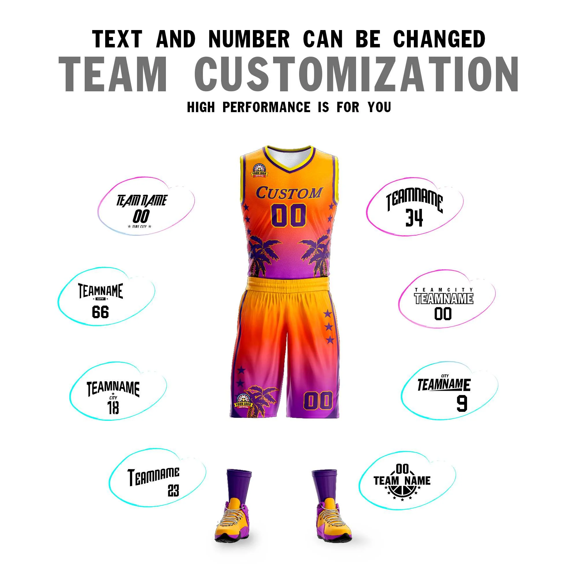Custom Yellow Orange-Purple Gradient Fashion Coconut Palm Pattern Sports Uniform Basketball Jersey - Image 4