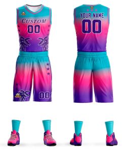 Custom Blue Pink-Purple Gradient Fashion Coconut Palm Pattern Sports Uniform Basketball Jersey