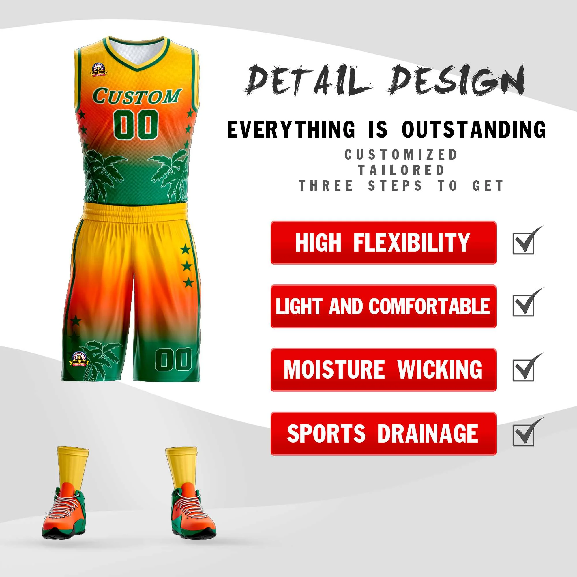 Custom Yellow Orange-Green Gradient Fashion Coconut Palm Pattern Sports Uniform Basketball Jersey - Image 2