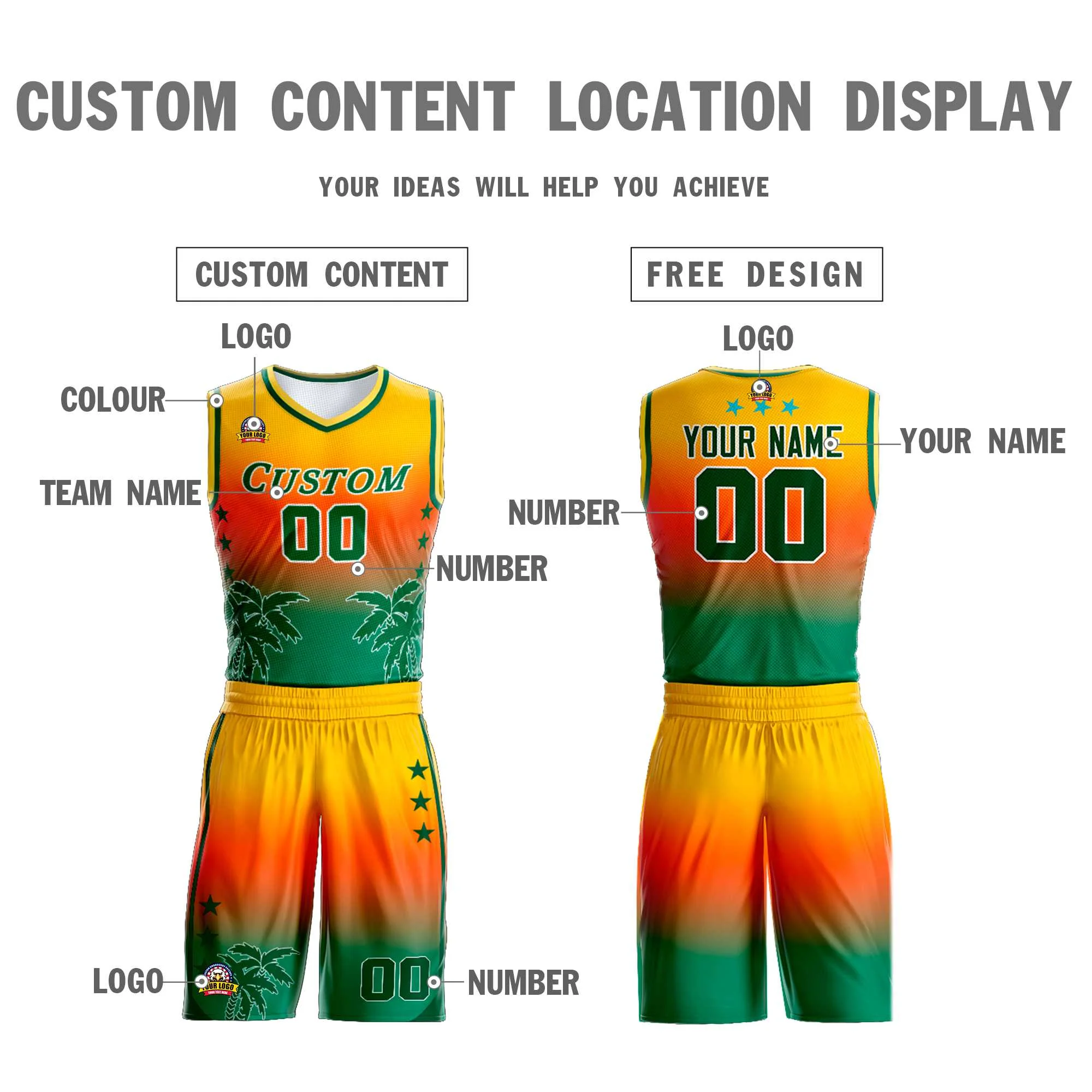 Custom Yellow Orange-Green Gradient Fashion Coconut Palm Pattern Sports Uniform Basketball Jersey - Image 3