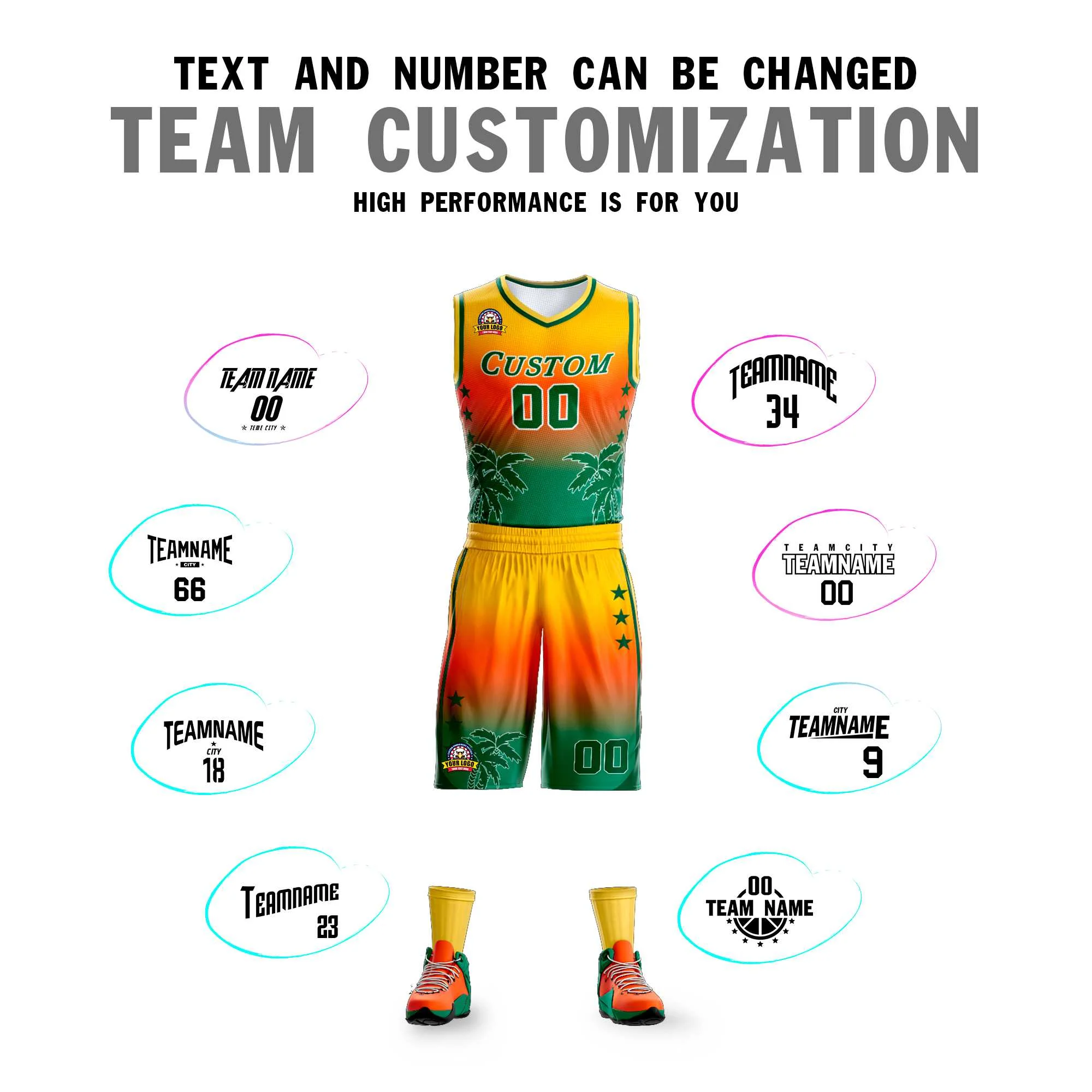 Custom Yellow Orange-Green Gradient Fashion Coconut Palm Pattern Sports Uniform Basketball Jersey - Image 4