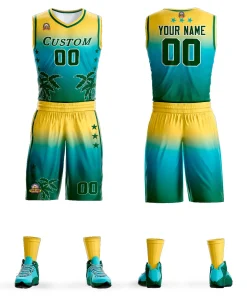 Custom Yellow Blue-Aqua Gradient Fashion Coconut Palm Pattern Sports Uniform Basketball Jersey