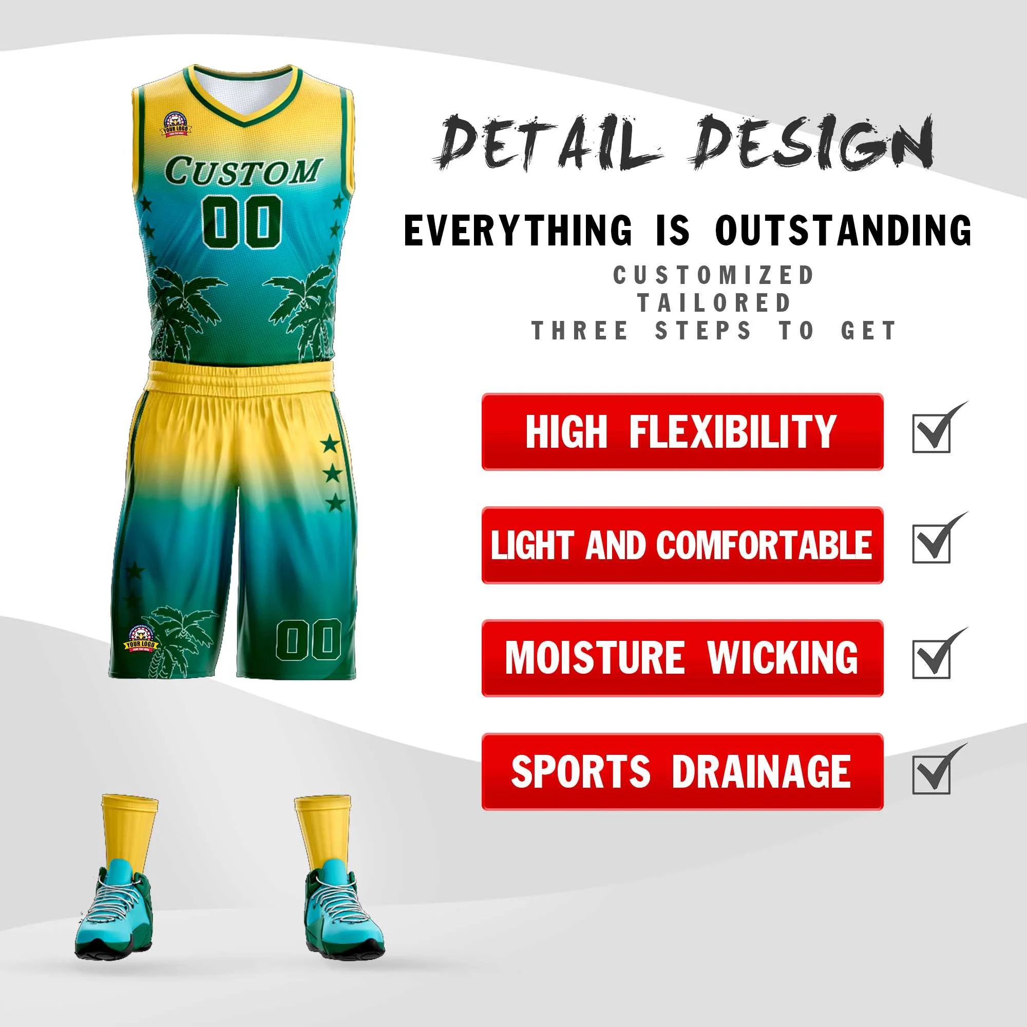 Custom Yellow Blue-Aqua Gradient Fashion Coconut Palm Pattern Sports Uniform Basketball Jersey - Image 2