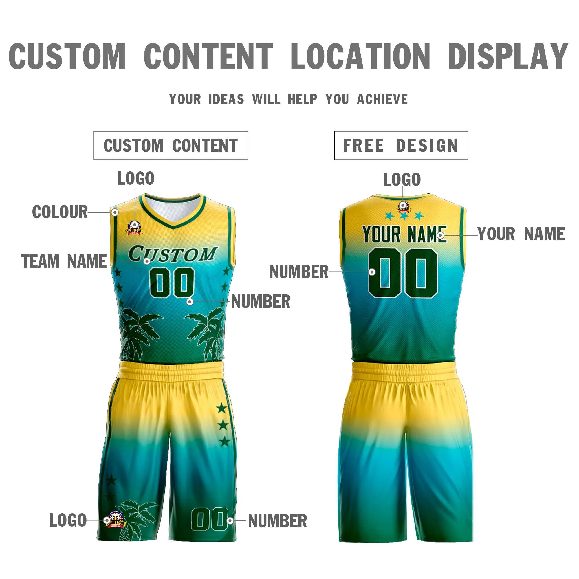 Custom Yellow Blue-Aqua Gradient Fashion Coconut Palm Pattern Sports Uniform Basketball Jersey - Image 3