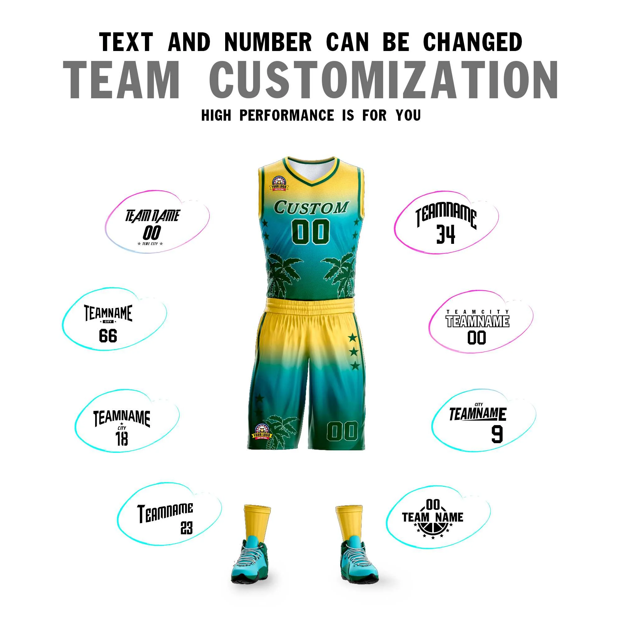 Custom Yellow Blue-Aqua Gradient Fashion Coconut Palm Pattern Sports Uniform Basketball Jersey - Image 4