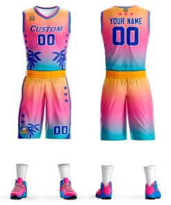 Custom Yellow Pink-Blue Gradient Fashion Coconut Palm Pattern Sports Uniform Basketball Jersey