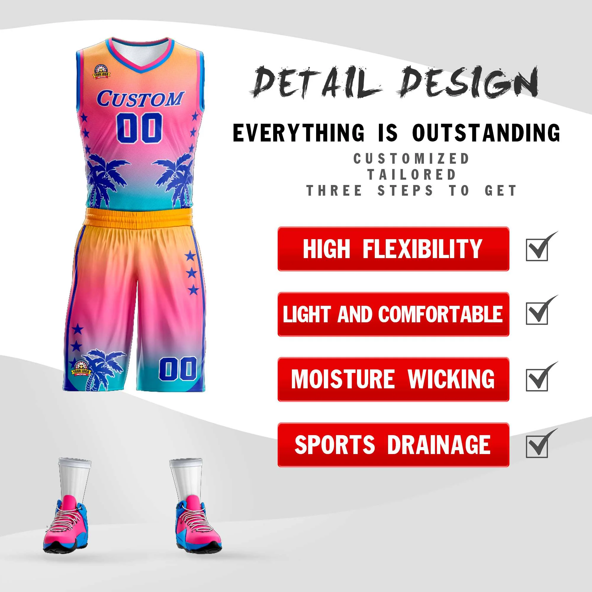 Custom Yellow Pink-Blue Gradient Fashion Coconut Palm Pattern Sports Uniform Basketball Jersey - Image 2