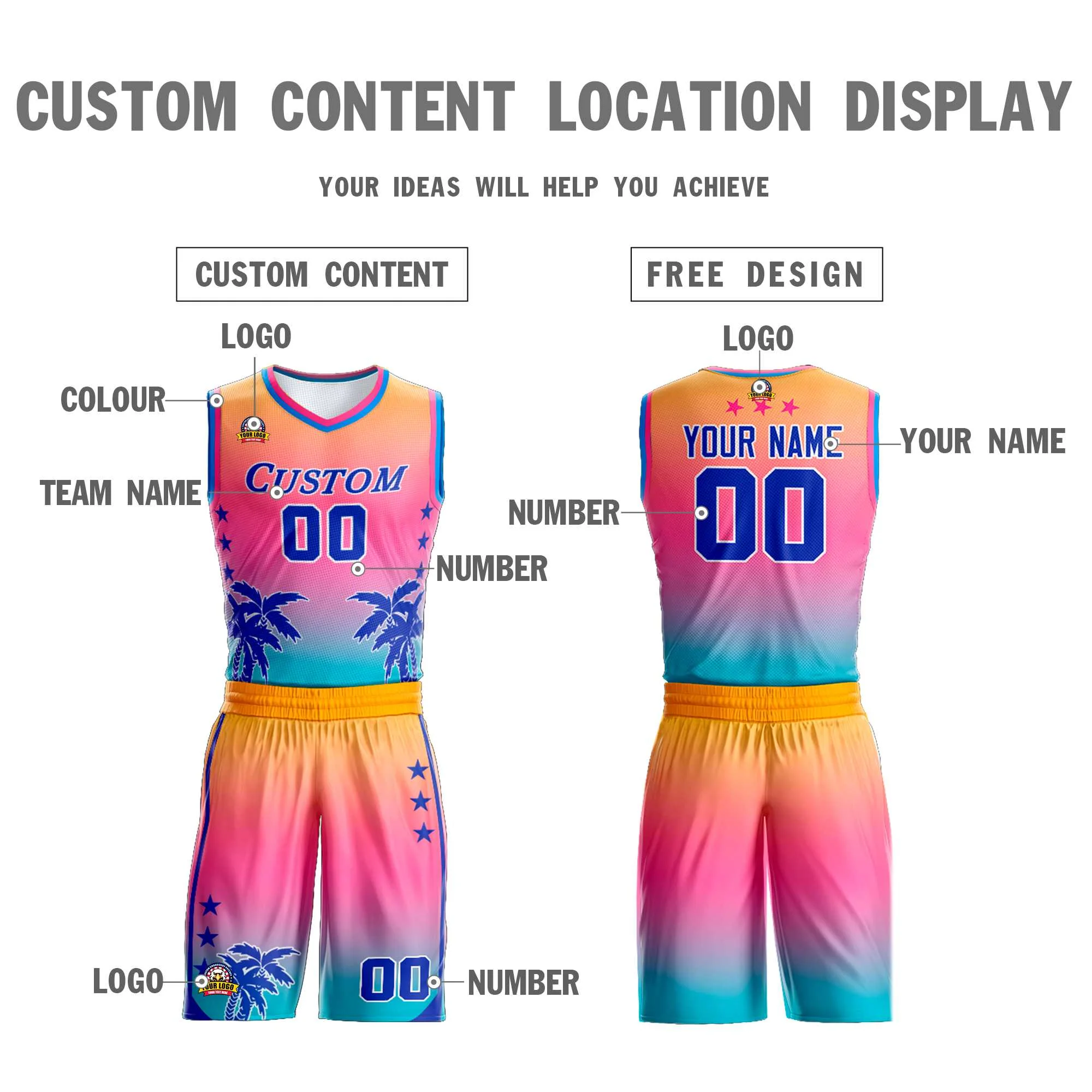 Custom Yellow Pink-Blue Gradient Fashion Coconut Palm Pattern Sports Uniform Basketball Jersey - Image 3