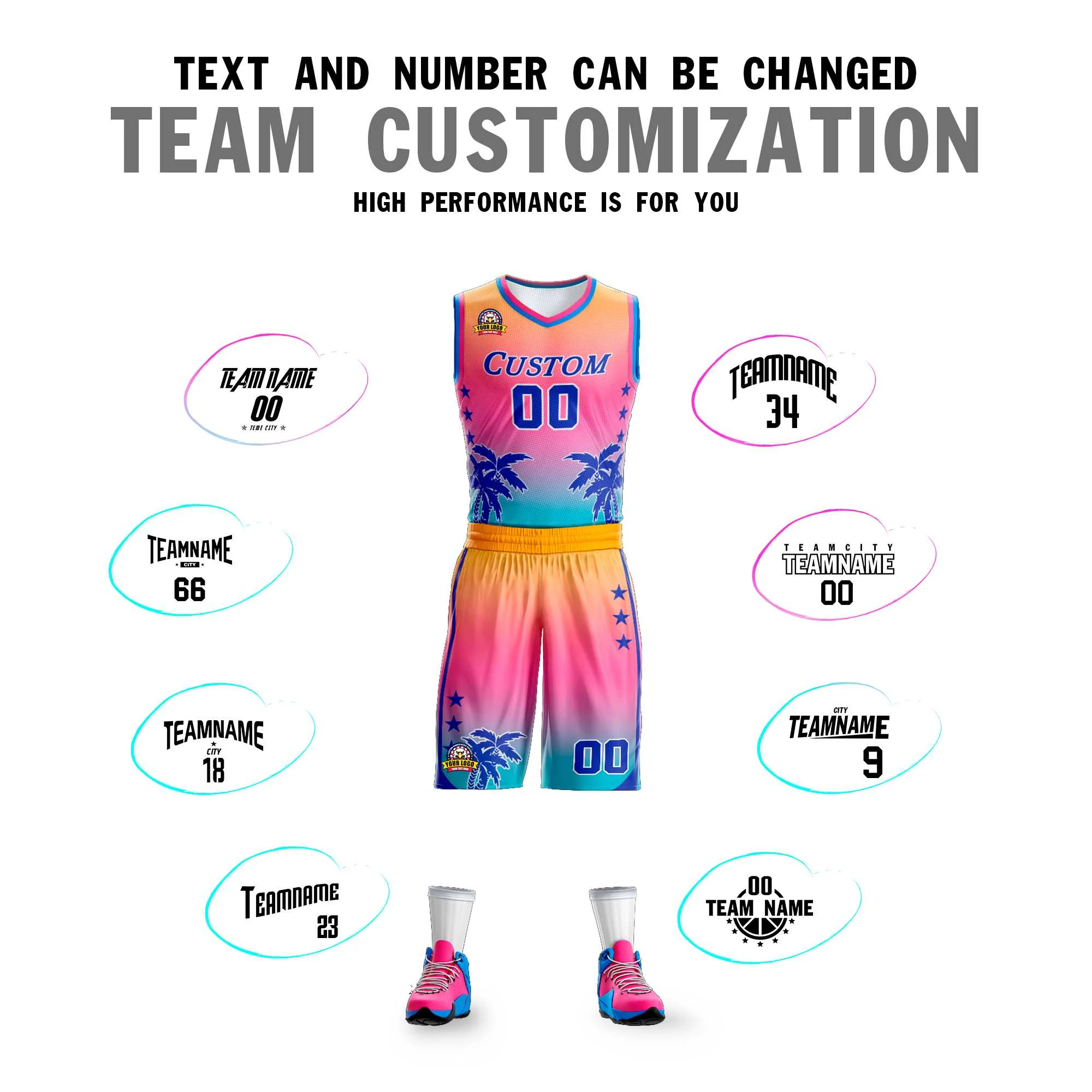 Custom Yellow Pink-Blue Gradient Fashion Coconut Palm Pattern Sports Uniform Basketball Jersey - Image 4