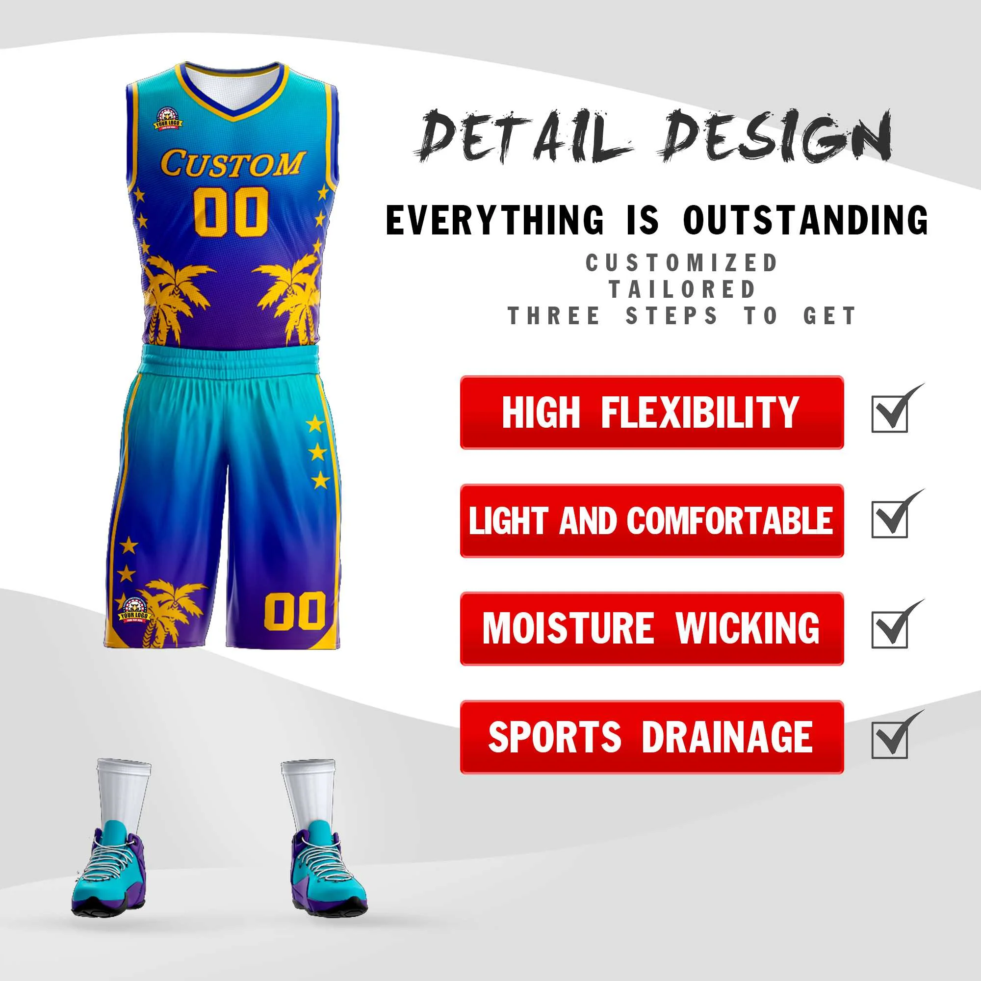 Custom Blue Royal-Purple Gradient Fashion Coconut Palm Pattern Sports Uniform Basketball Jersey - Image 2