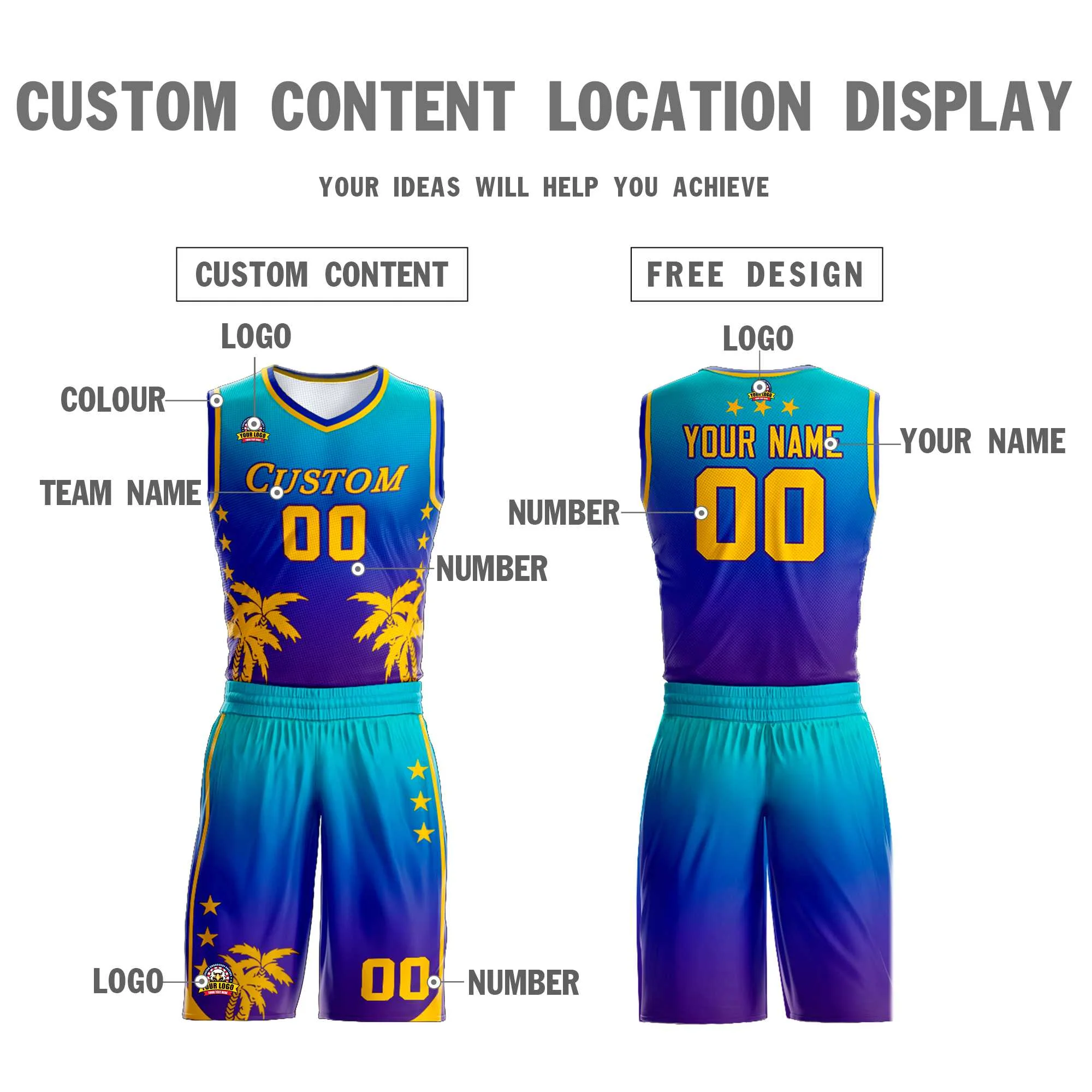 Custom Blue Royal-Purple Gradient Fashion Coconut Palm Pattern Sports Uniform Basketball Jersey - Image 3