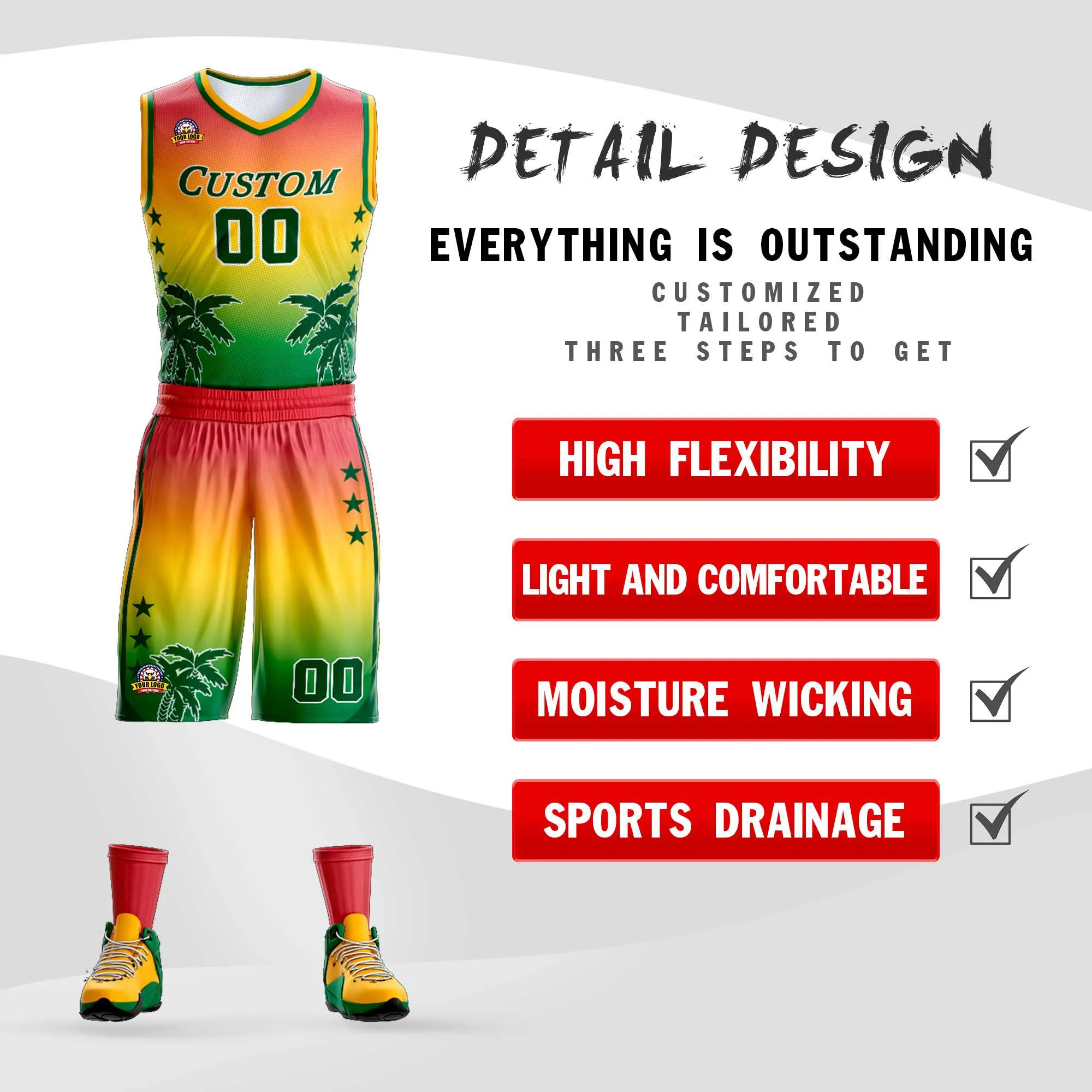 Custom Red Yellow-Green Gradient Fashion Coconut Palm Pattern Sports Uniform Basketball Jersey - Image 2