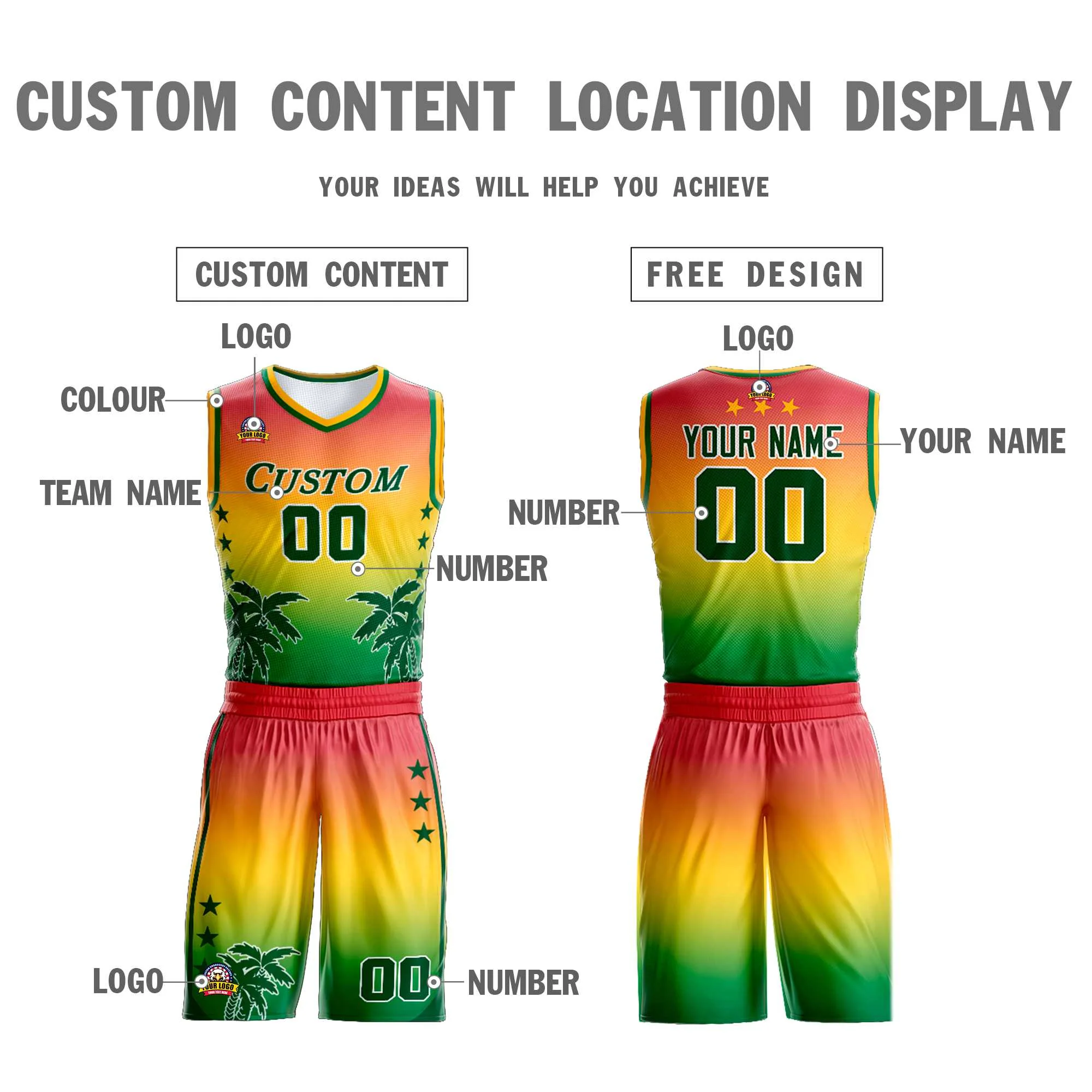 Custom Red Yellow-Green Gradient Fashion Coconut Palm Pattern Sports Uniform Basketball Jersey - Image 3