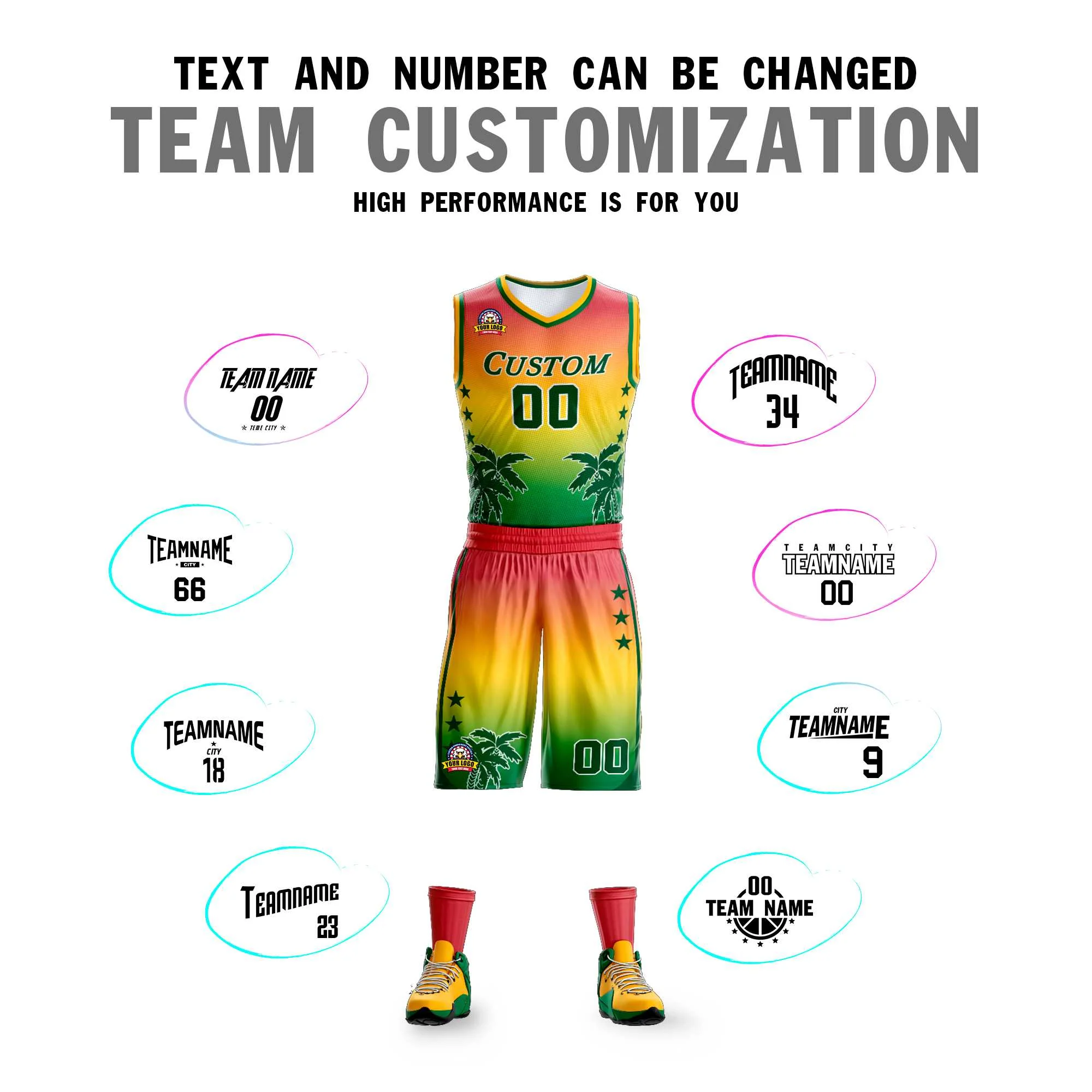 Custom Red Yellow-Green Gradient Fashion Coconut Palm Pattern Sports Uniform Basketball Jersey - Image 4