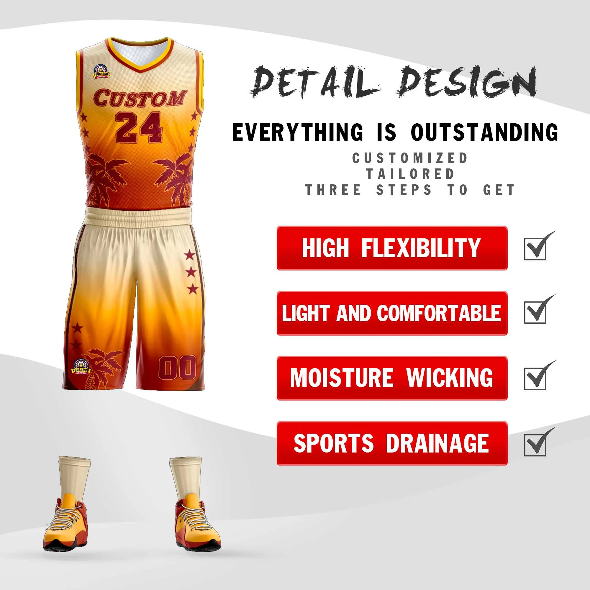 Custom Cream Yellow-Texas Orange Gradient Fashion Coconut Palm Pattern Sports Uniform Basketball Jersey - Image 2