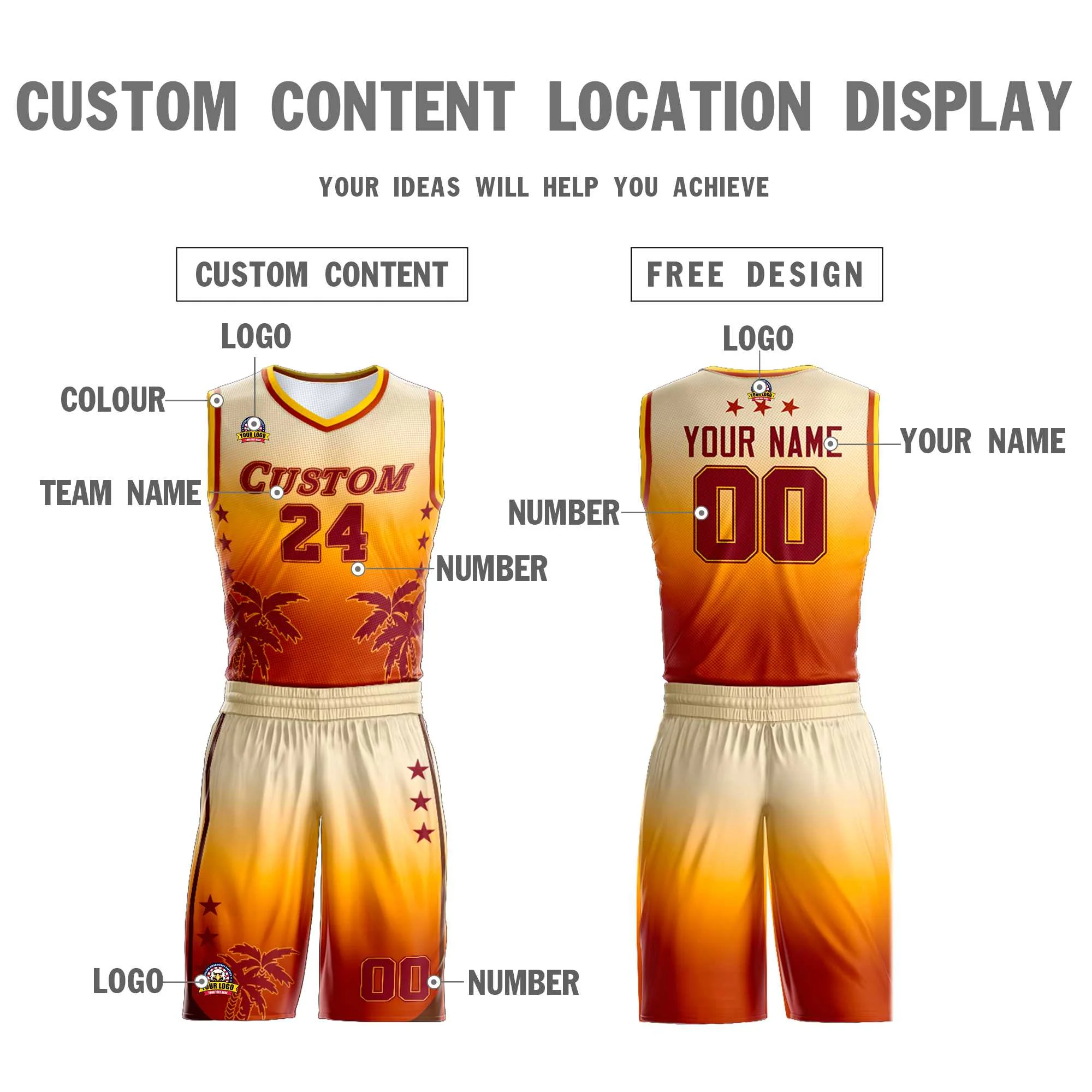 Custom Cream Yellow-Texas Orange Gradient Fashion Coconut Palm Pattern Sports Uniform Basketball Jersey - Image 3