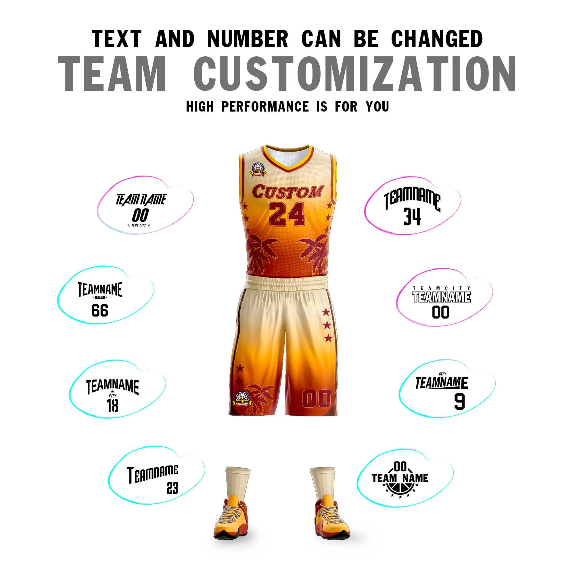 Custom Cream Yellow-Texas Orange Gradient Fashion Coconut Palm Pattern Sports Uniform Basketball Jersey - Image 4