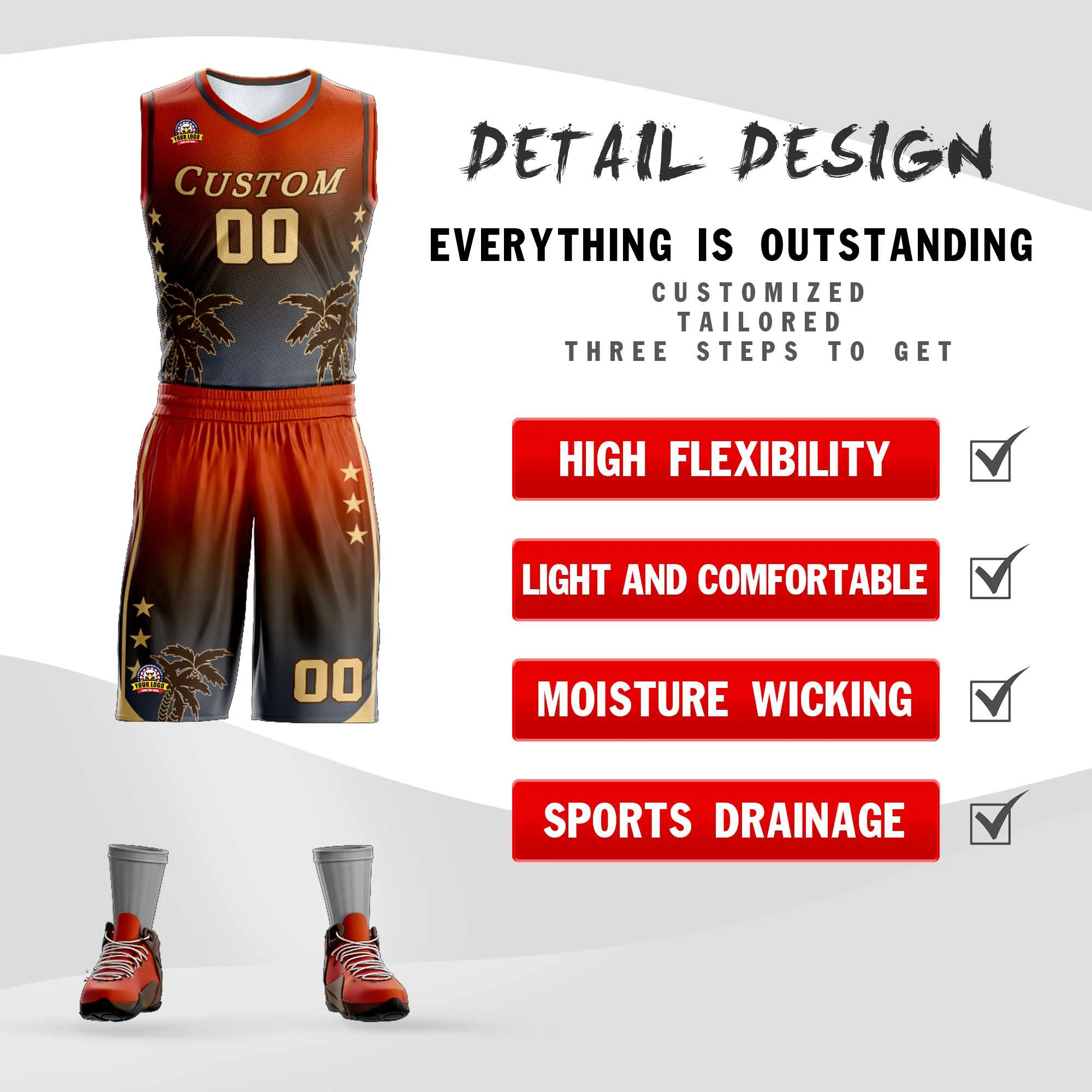 Custom Texas Orange Brown-Dark Gray Gradient Fashion Coconut Palm Pattern Sports Uniform Basketball Jersey - Image 2